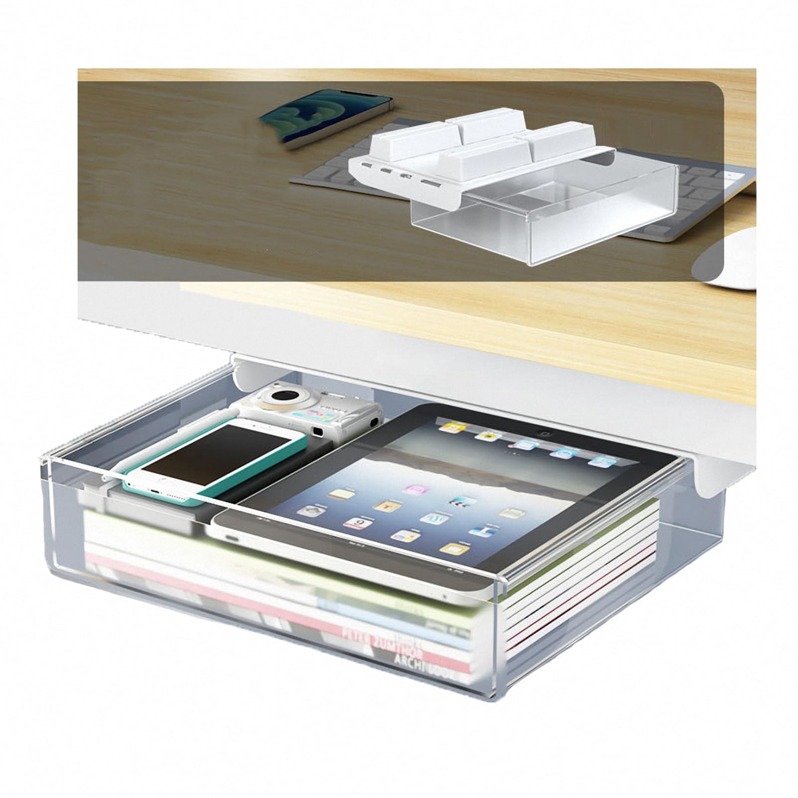 Under Desk Der nizer - Vassoio pop-up autoadesivo nascosto per scrivania, bianco, dimensioni 18,5 cm e 33,5 cm, perfetto per riporre oggetti e uffici domestici