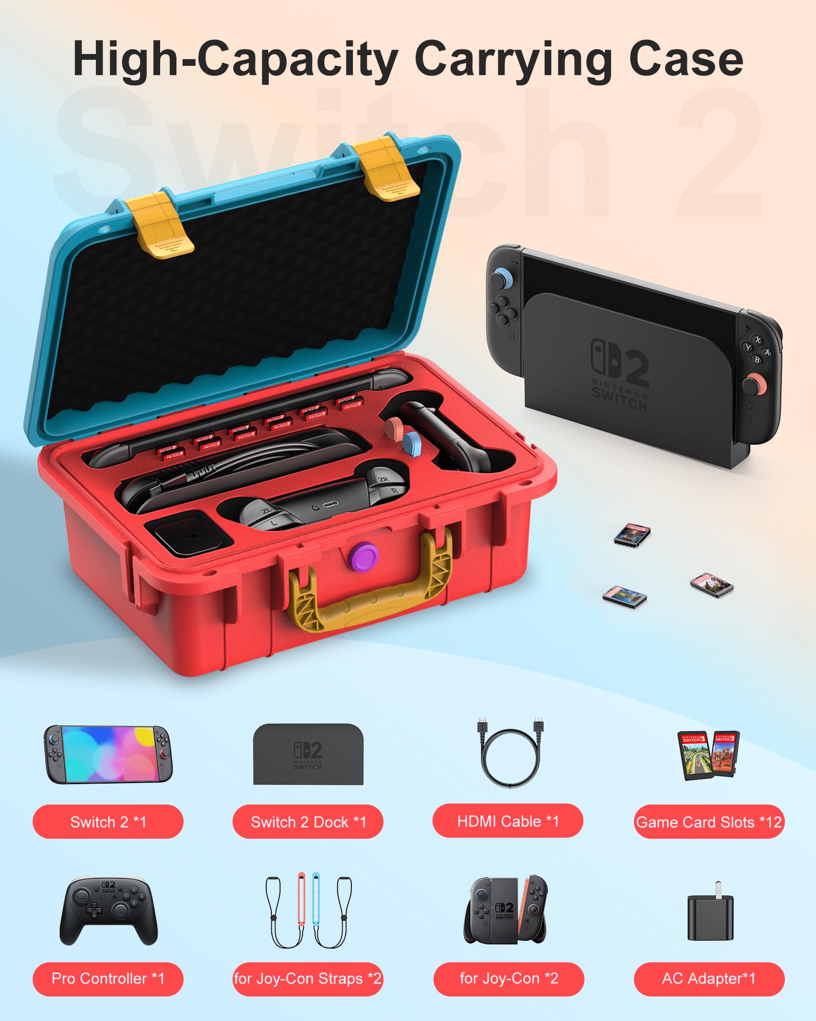 Hartschalen Tasche für Nintendo Switch 2, Professional Deluxe IP67 wasserdicht, weich gefütterte Hartschalen Tragetasche für Nintendo Switch 2 Console Pro Controller und Zubehör (Blau & Orange)