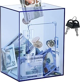 Clear Acrylic Piggy Bank with Lock and Key for Kids Adults, Openable Money Saving Box for Cash Coins Real Money (Blue)