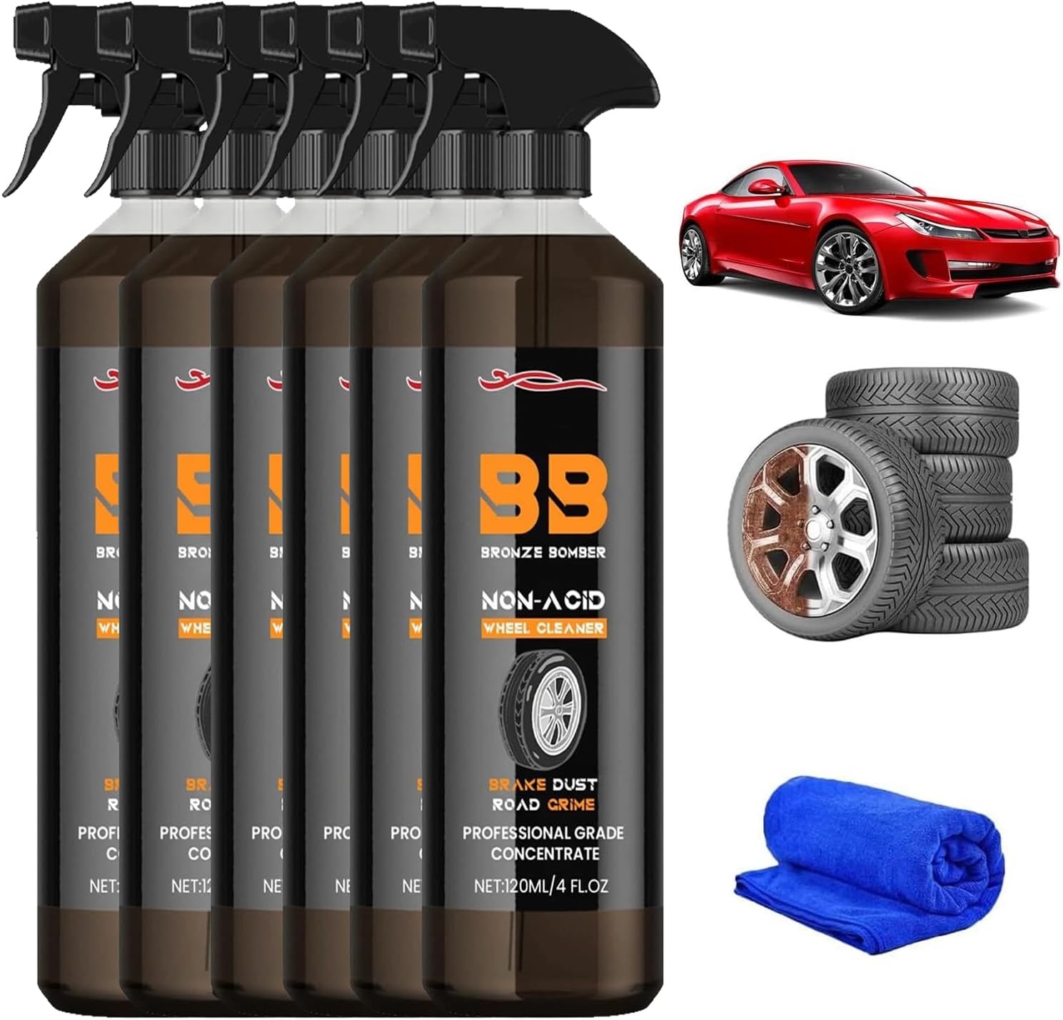 6 PACK Upgraded Bronze Bomber Wheel Cleaner, Tire Cleaner,- Safe on Chrome and All Wheel Finishes - Brake Dust, Dirt, Browning, Grease, and Grime Remover USA