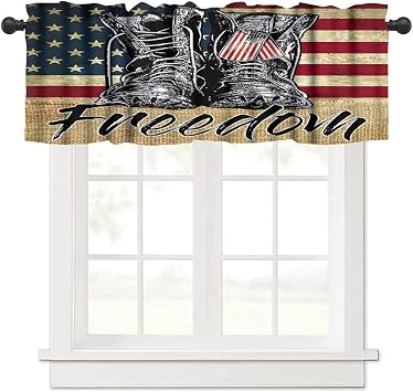 USA Flag Valance Curtains, Patriotic Memorial Day Decor Old Boots Freedom Vintage Print Window Treatments, Retro Rod Pocket Drapes for Boys Man Bedroom Living Room, 54x18in 1P