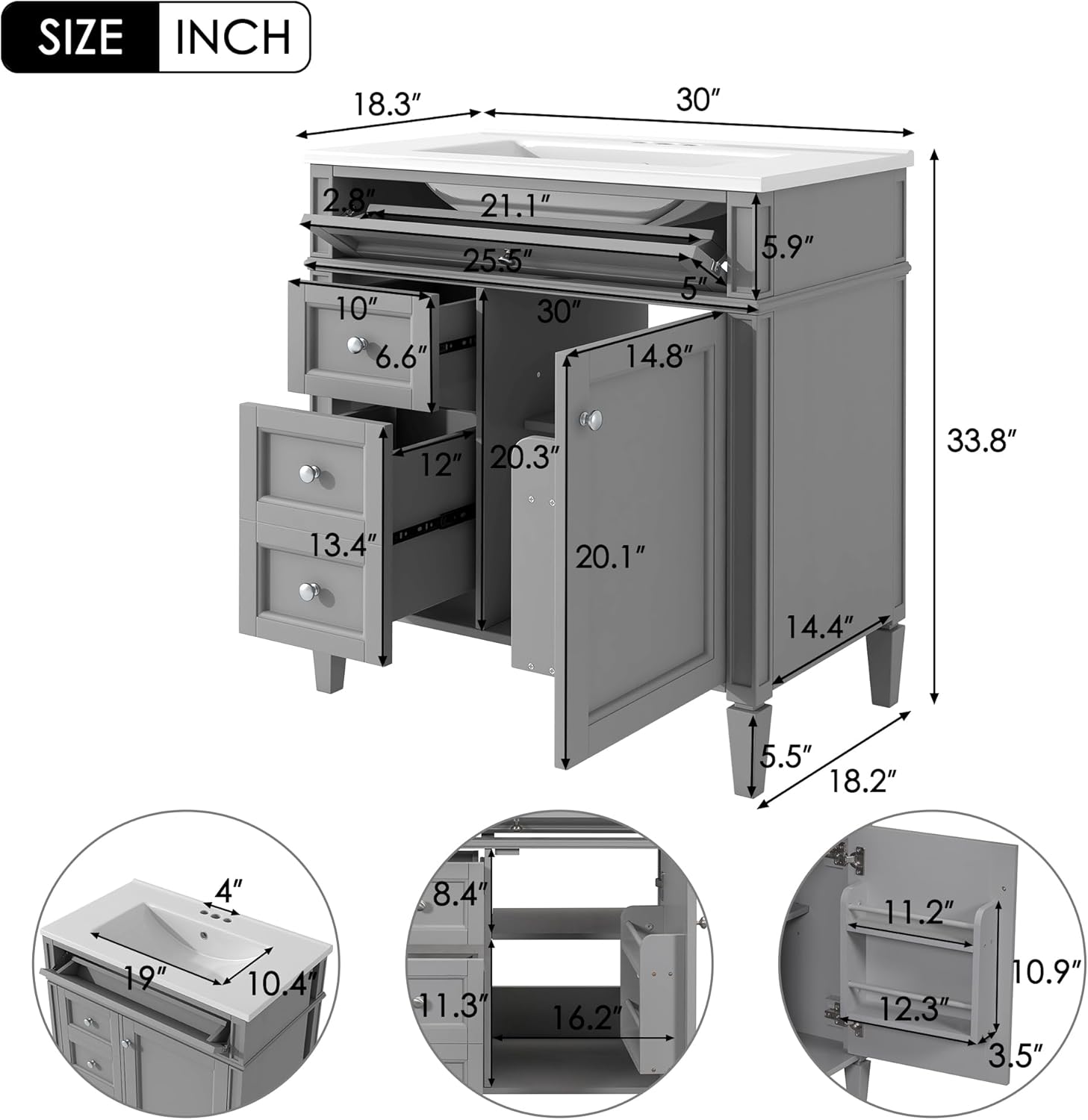 Detailed dimensions diagram of the Virubi 30 Inch Bathroom Vanity