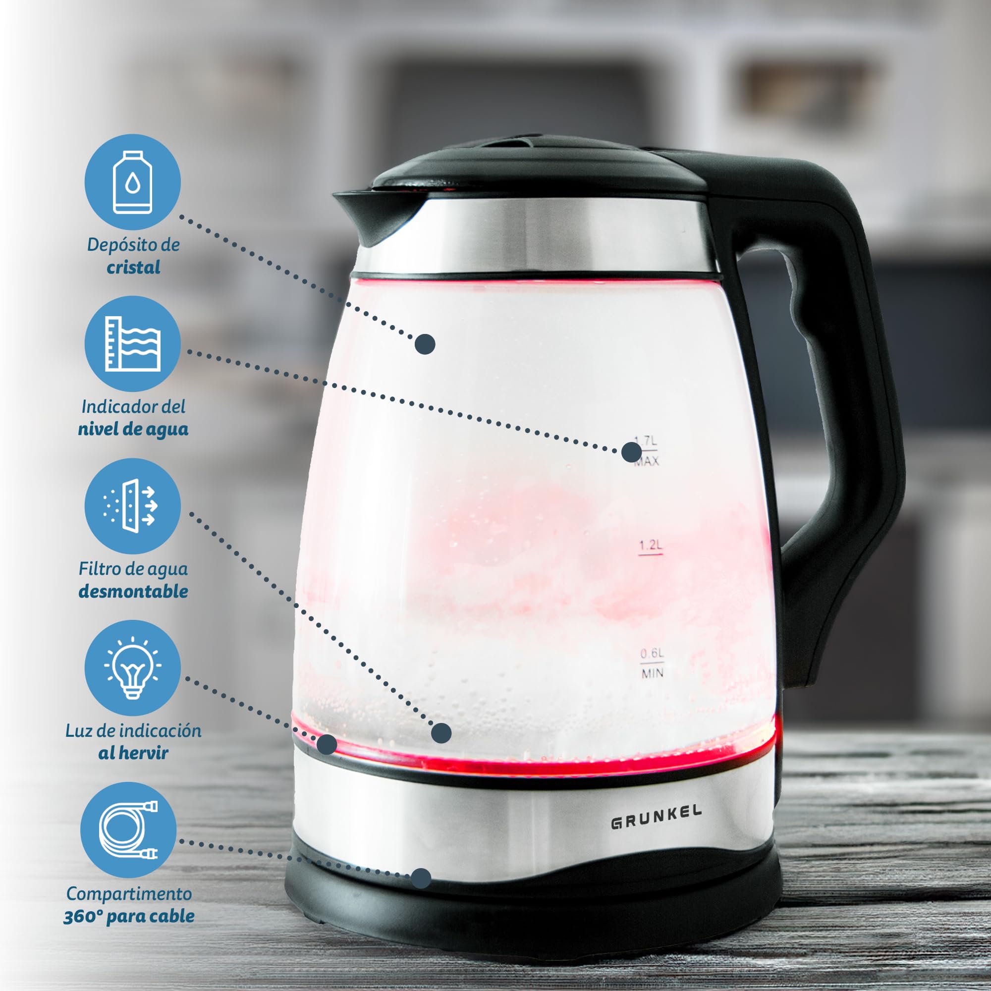 Grunkel - HV-16 CRISTAL - Hervidor Eléctrico de Agua, con Indicador de Acabado, con Potencia para Rápida Ebullición de Alta Velocidad, incluye un Filtro en boca. Libre de BPA - 1.7 Litros
