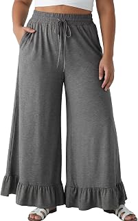 Eytino Womens Plus Size Wide Leg Pants Elastic High Waist Lounge Trouser | Comfortable Stretch Fabric, Drawstring, Ruffle Hem, Loose Fit Palazzo Pants with Pockets, Casual Lounge Vacation,1X-5X