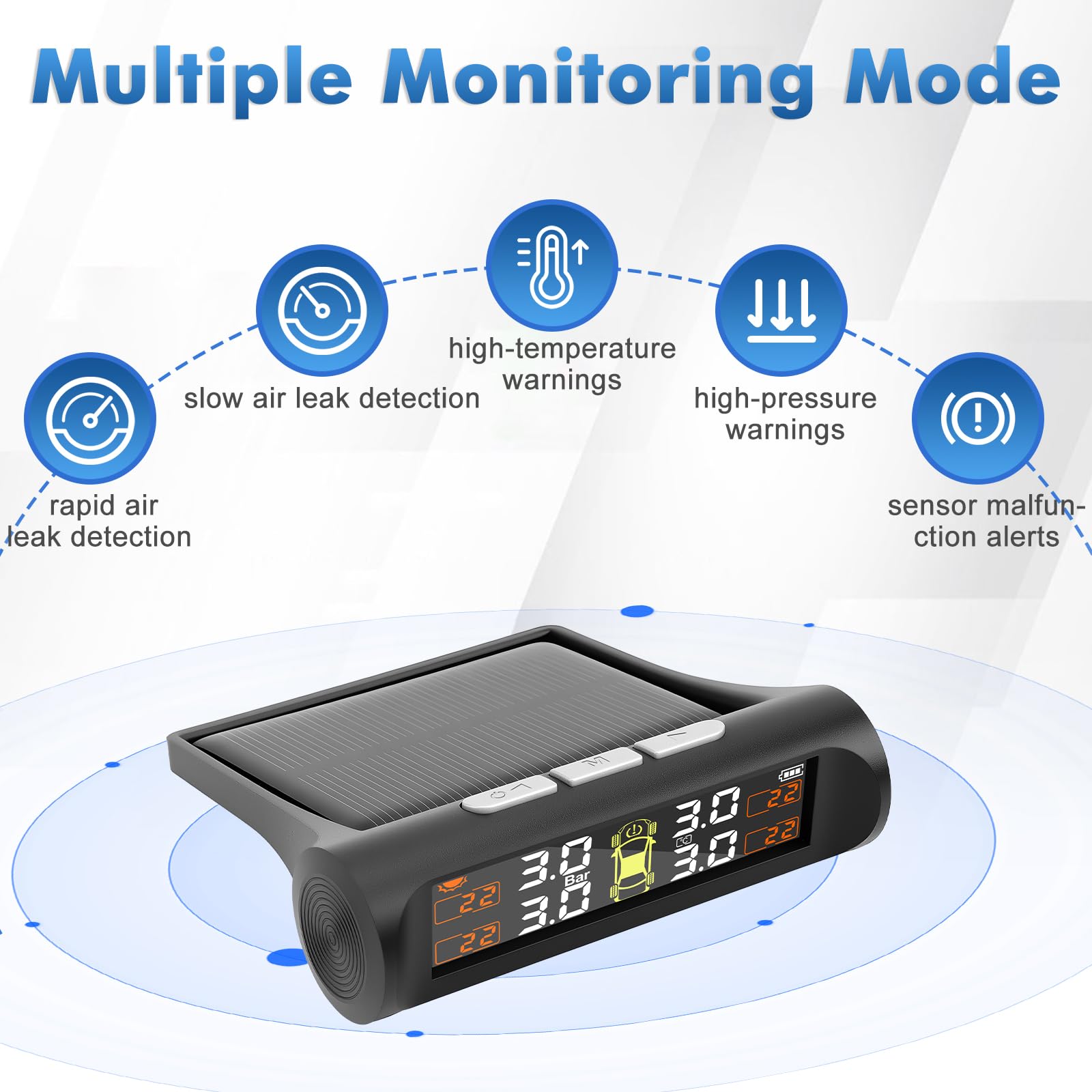 Reifendruckkontrollsystem mit Solarladung, TPMS Reifendruckkontrollsystem mit 4 externen Sensoren und 5 Alarmmodi, Echtzeitüberwachung Druck und Temperatur, geeignet für Fahrzeuge mit 4 Rädern