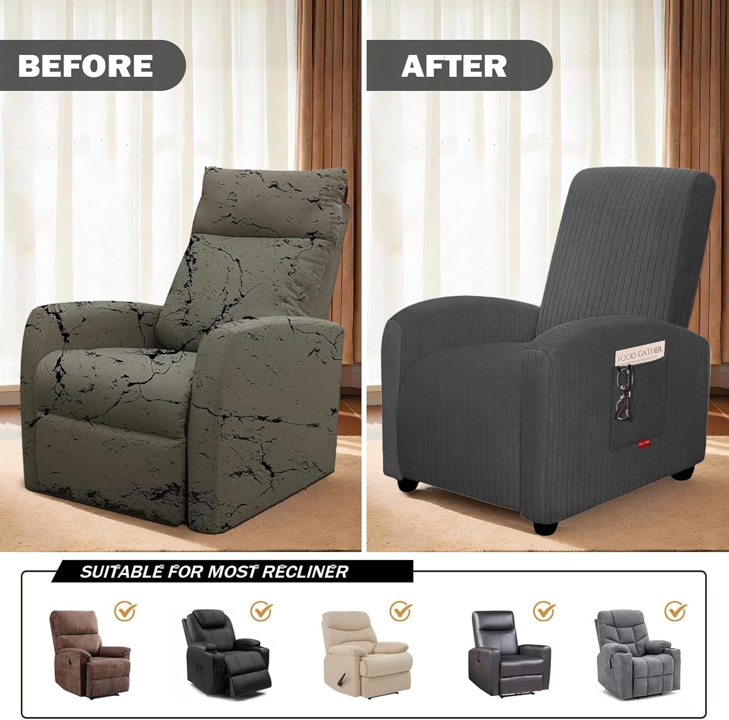 3 Pieces Striped Pattern Extra Small Recliner Chair Covers Stretch Recliner Slipcover for Lazy Boy Wide Recliner Chair Washable (S 1 Seater，Dark Gray)