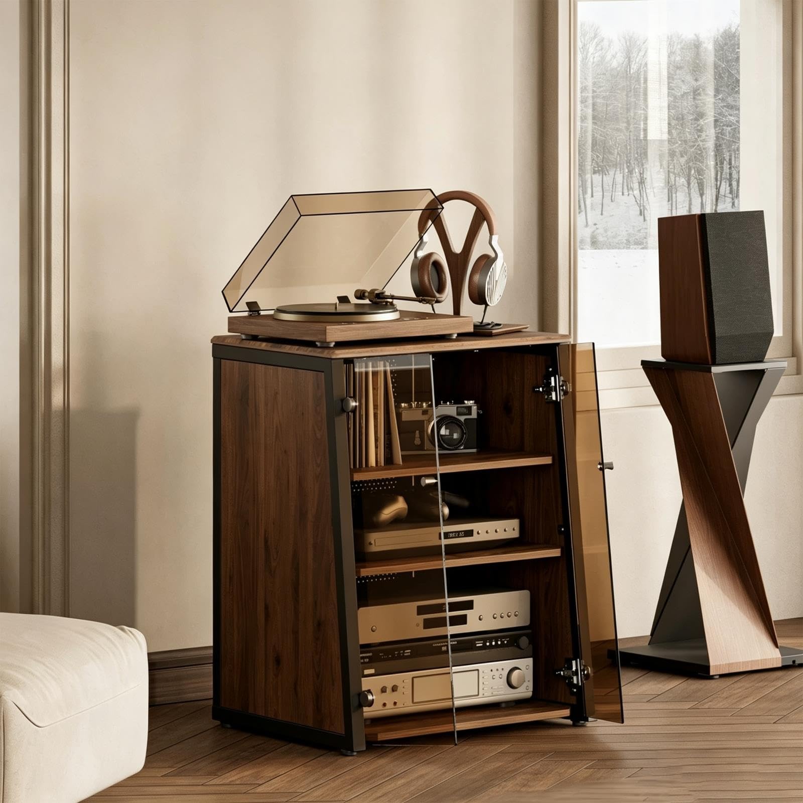 Nussbaum Audiomöbel mit Glastür für Stereo HiFi Geräte