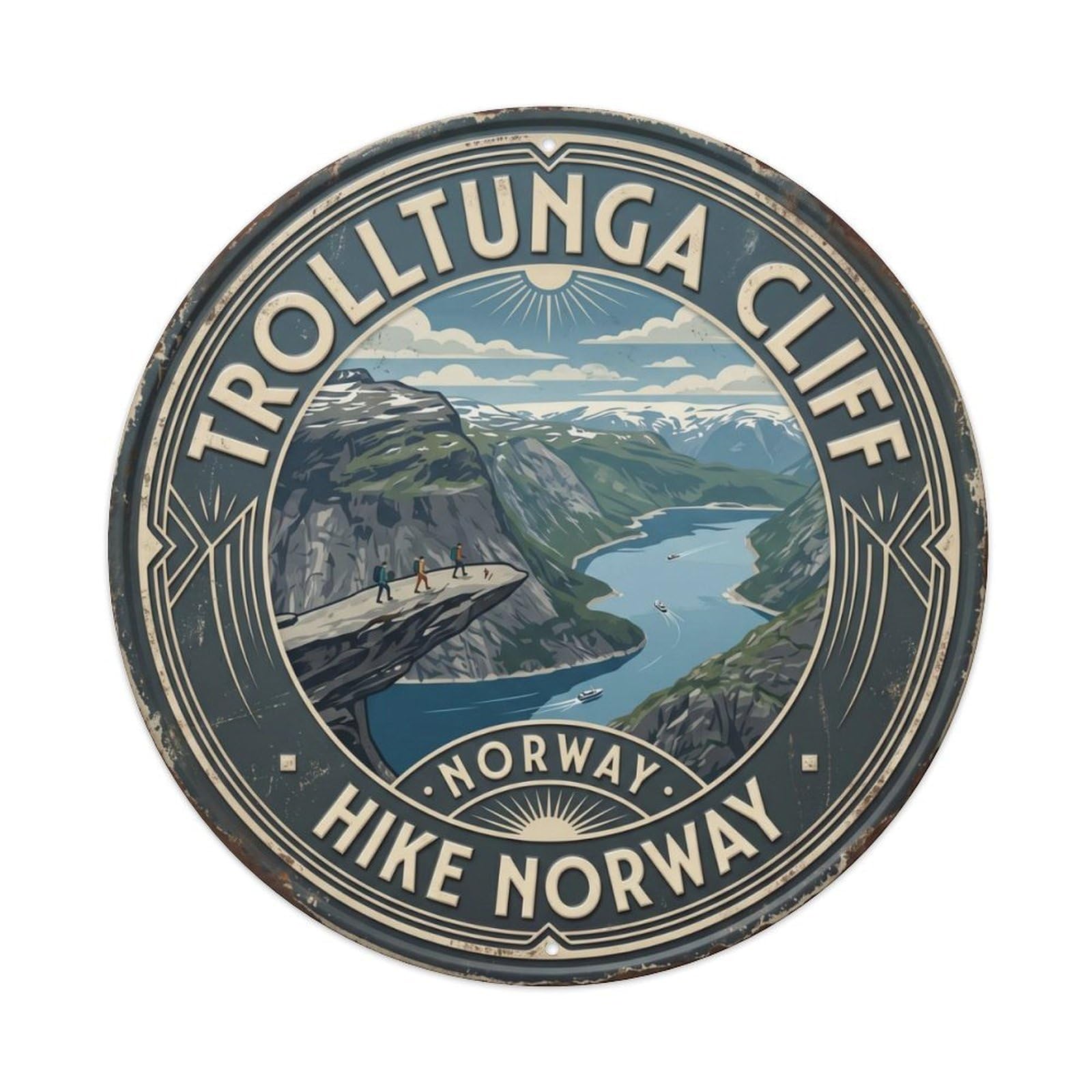 Trolltunga Cliff Hike Norway Ledge Metal Tin Sign Plaque Wall Decor for Cafe, Club Bar, Office, Home Garden Round Metal Poster 8x8Inch