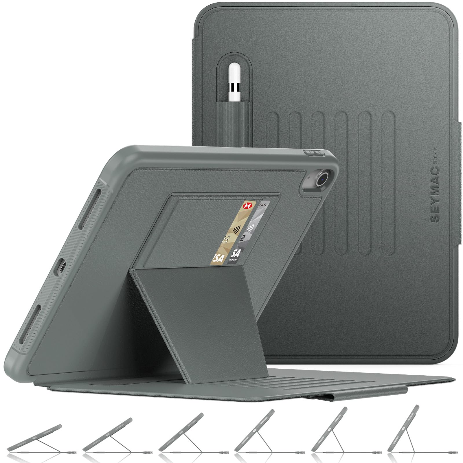 SEYMAC stock Case for iPad 10th Generation 10.9'', Strong Magnetic Auto Sleep Shockproof Case with Absorbing Multi-Angles Stand, Pen Holder, Card Slot (Gray)