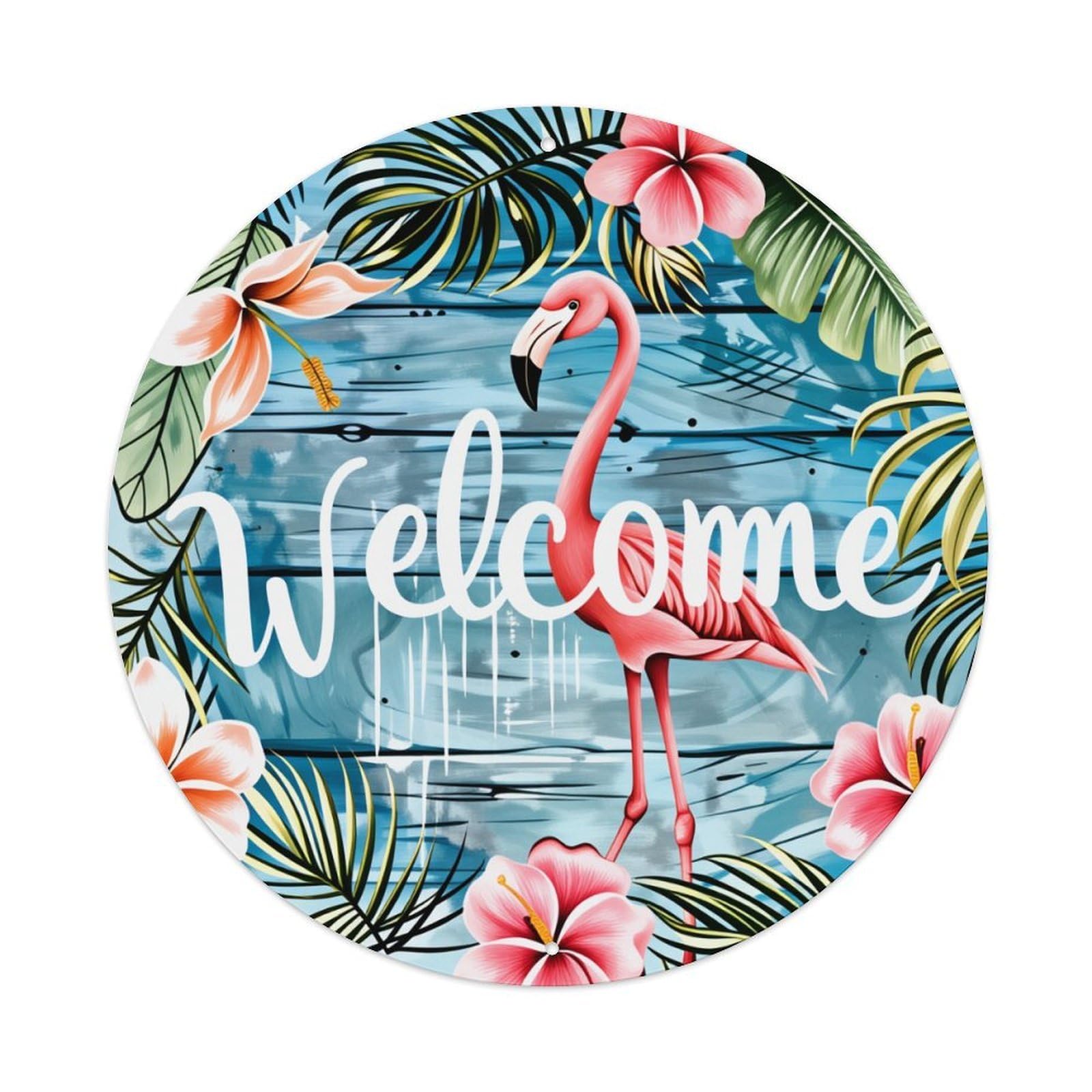 Flamingo Tropical Flowers Welcome Pattern Round Tin Sign Vintage Metal Poster Retro Bar, Home, Man Cave, Kitchen, Laundry Room Wall Art Decor Gift 8x8Inch