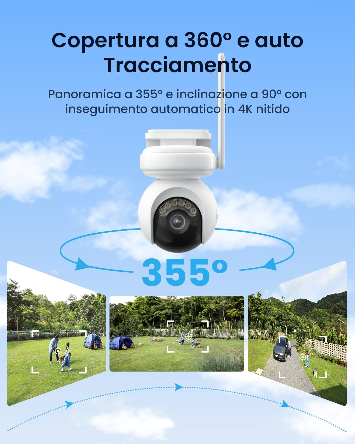 Reolink 4K Telecamera WiFi Esterno Senza Fili con Batteria da 20000 mAh, Registrazione Continua, Rilevamento AI, Auto Tracking, Visione Notturna Color, Rotazione PT 360, Altas PT Ultra+Pannello Solare