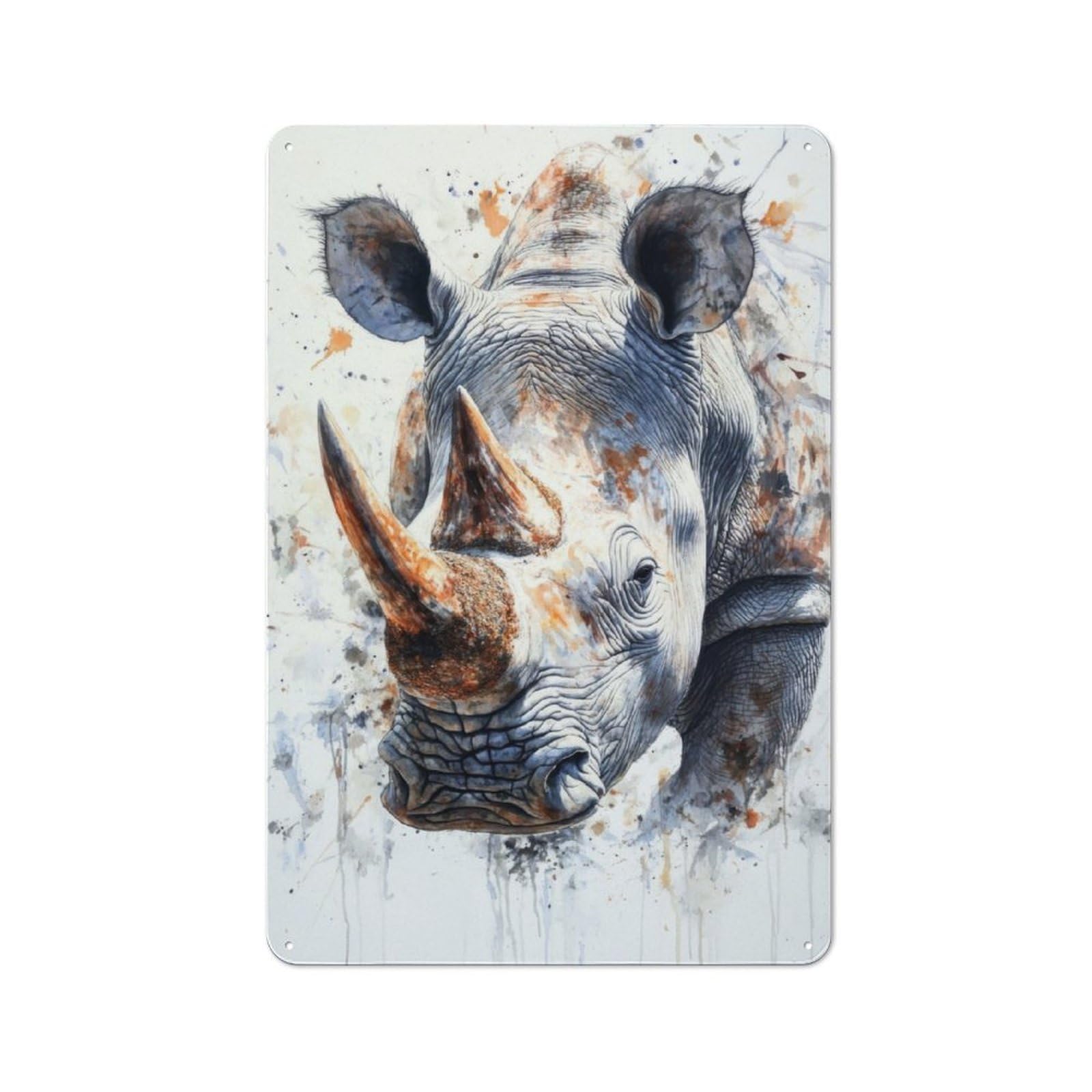 Junmoney White Rhino Watercolor For Garden Room Or Summerhouse, Retro Metal Sign 30X20cm, For Metal Sign Collectors, For Vintage Wall Decor Fans