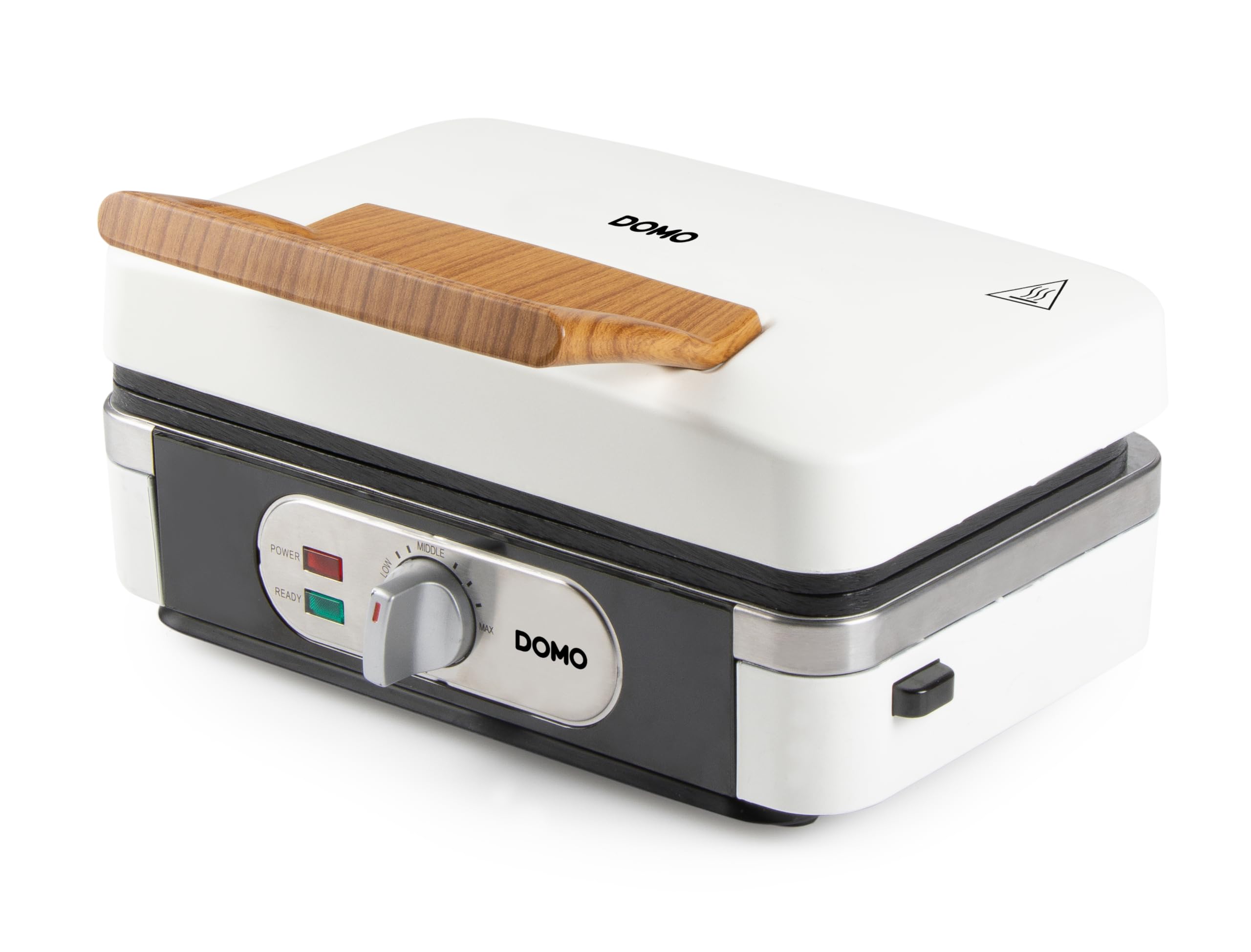 DOMO DO9277C Snackmaker 3 en 1 - Design de luxe en bois - PFAS FREE - Croque-Monsieur, Gaufrier et Gril - Pieds Anti dérapants - Plaques de cuisson interchangeables - 1100W - Blanc Poudré