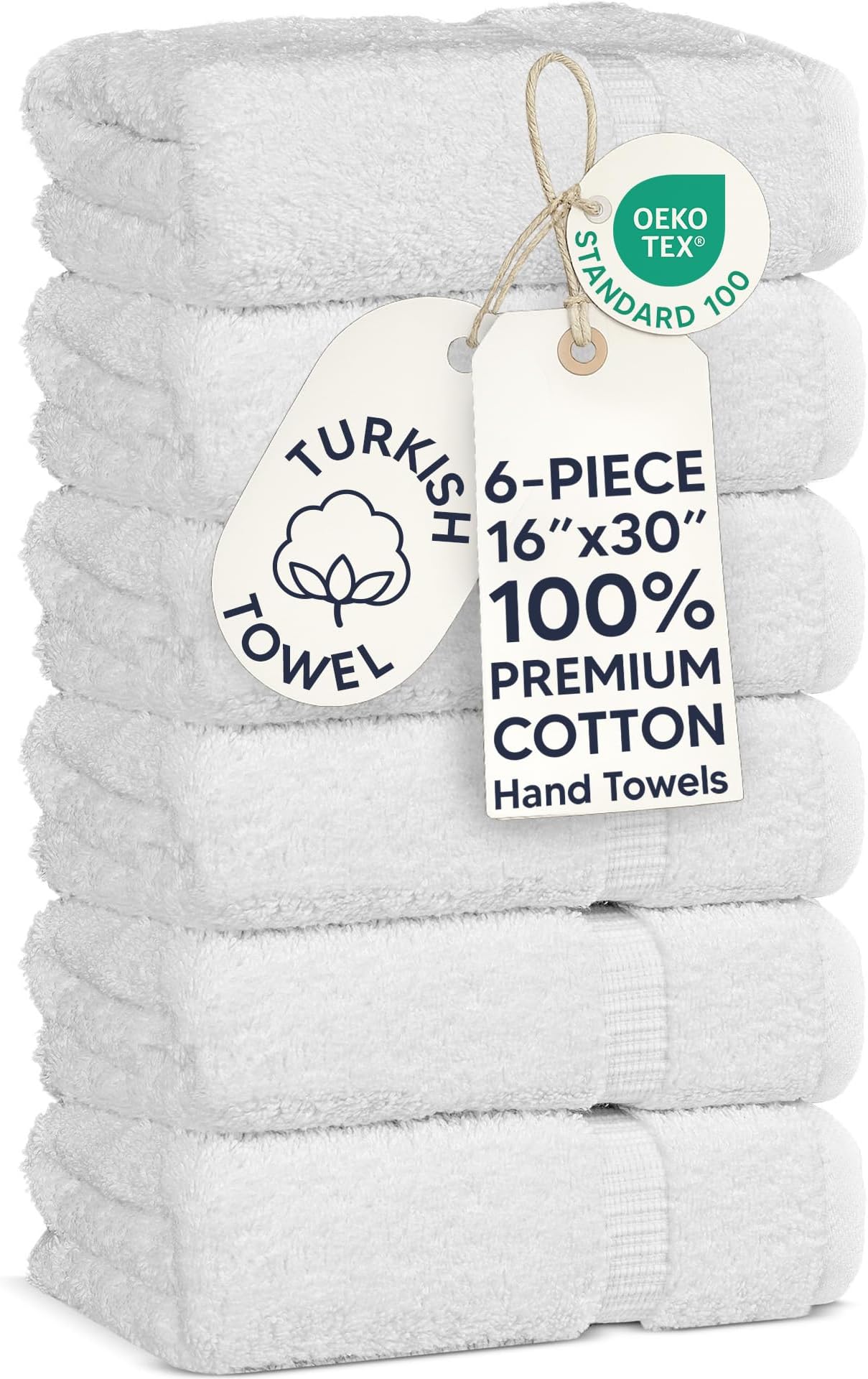 Chakir Turkish Linens 6 Piece Hand Towels, 100% Cotton Luxury Turkish Towels for Bathroom, Soft Absorbent Hand Towel Set, 16 x 30 Inches, White