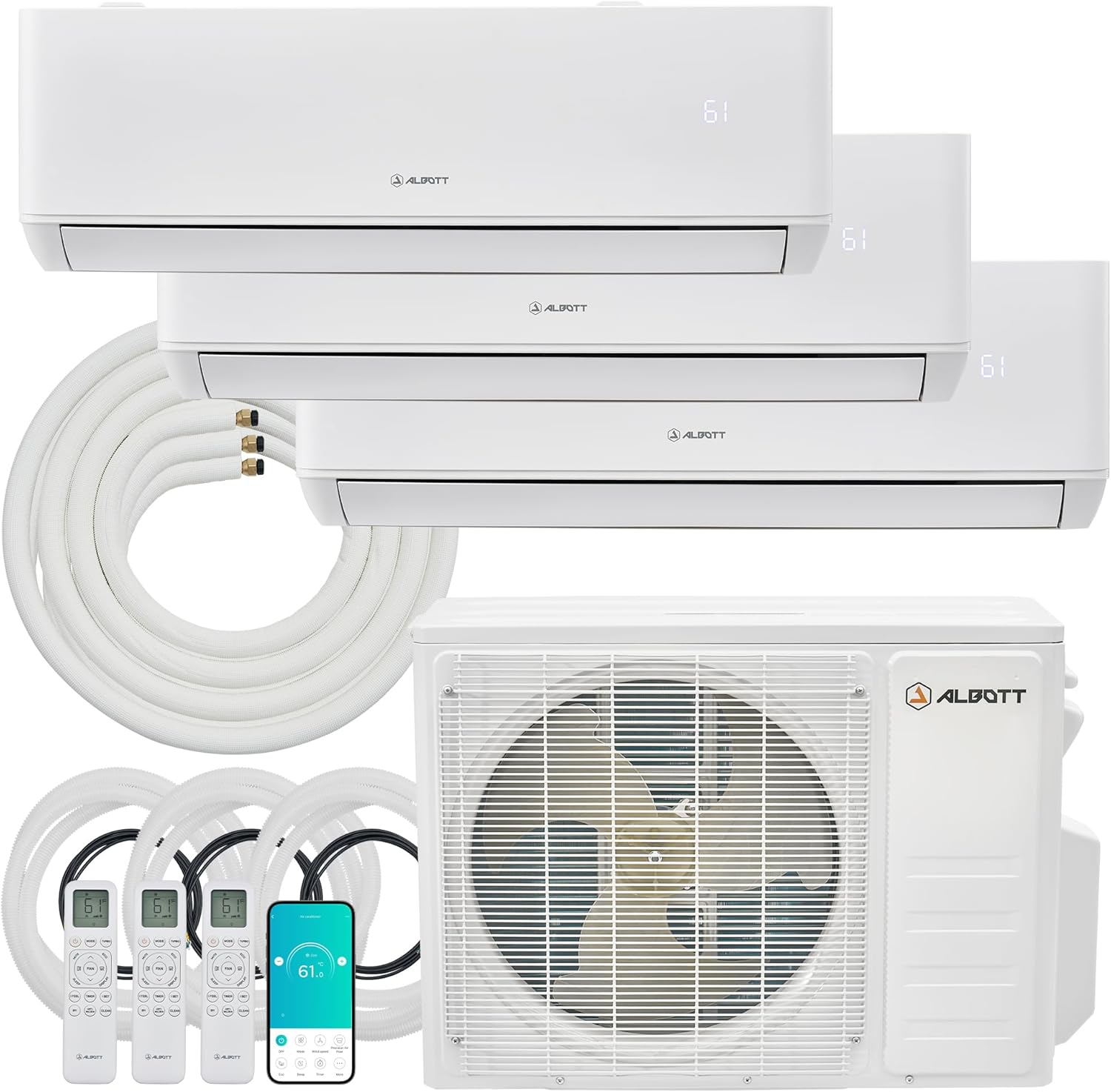 Albott Mini Split AC/Heating System, 28,000 BTU ODU, 22 SEER2 3 Zone 9K+9K+12K BTU Ductless Inverter Heat Pump, WiFi Enabled with Pre-Charged Condenser & 16.4 Ft Line Set, 208-230V, Energy-Efficient