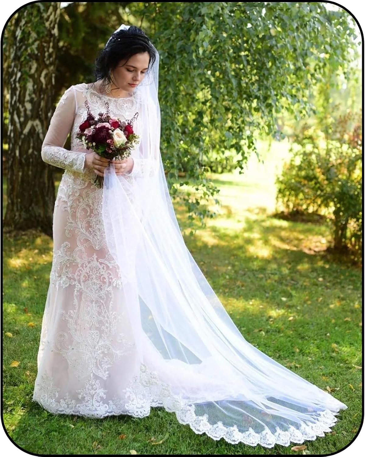 Bridal Veil Lace Wedding Veil Cathedral Bride Veils 1 Tier,Long Mantilla Veil Lace Edge Tulle with Metal Comb