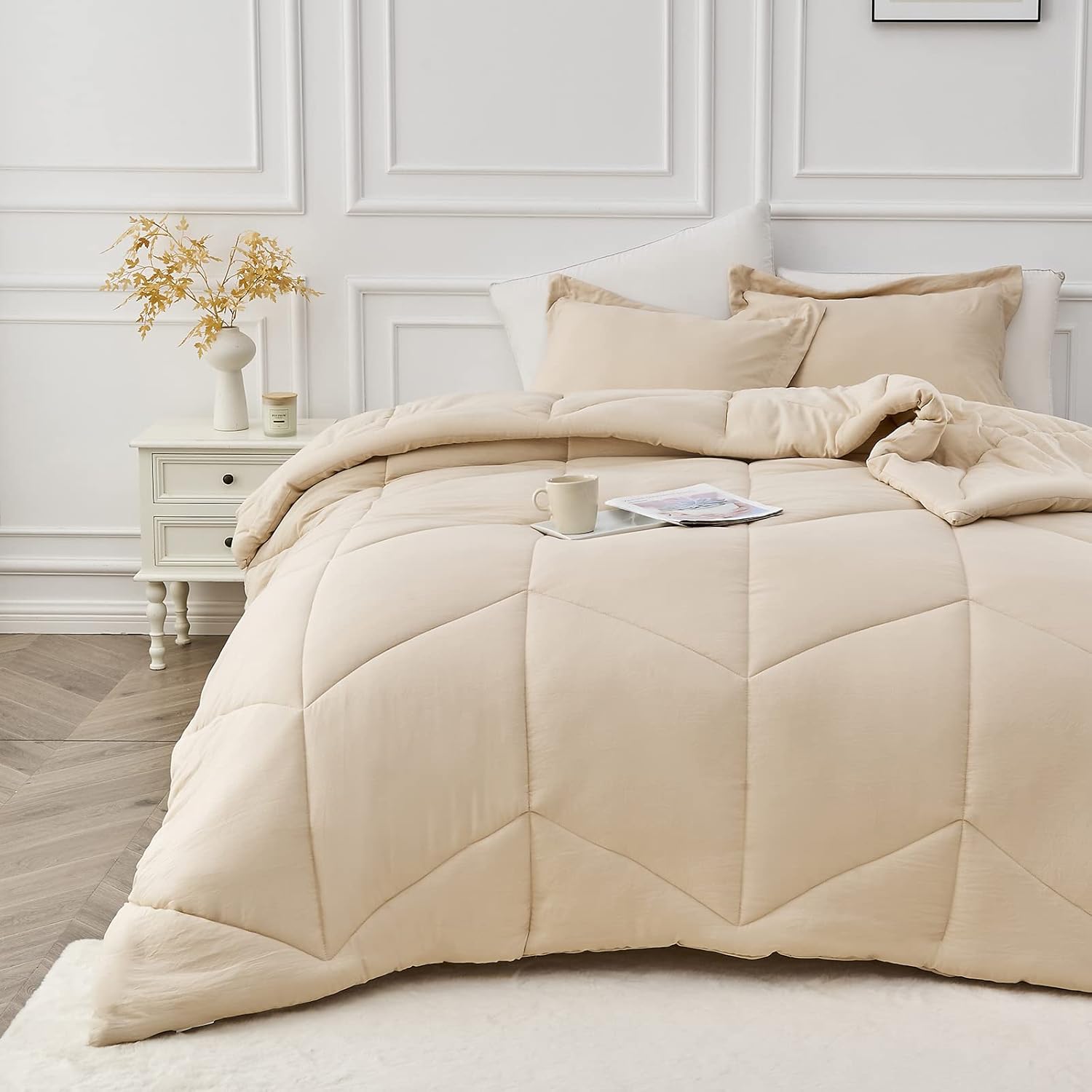 MILDLY King Size Comforter Set - Khaki Bedding Comforter Sets 100% Washed Microfiber Super Soft 3 PCS, All Season Fluffy Lightweight Down Alternative Quilted Comforter 102x90 inches, 2 Pillow Shams