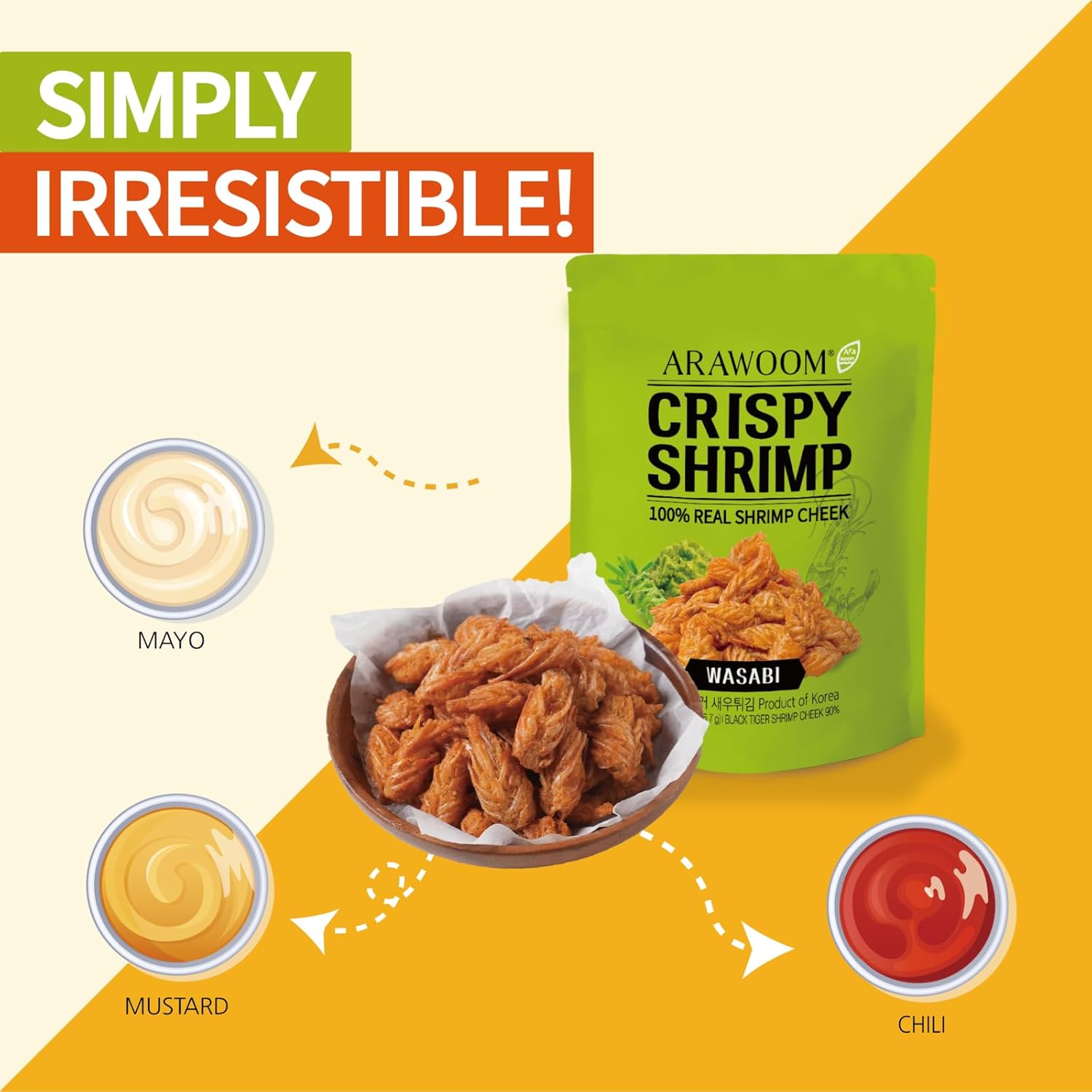 ARAWOOM - 100% Real Black Tiger Shrimp Head Crisps, Wasabi Pack [16oz, Pack of 1], Crispy Seafood Snack, High-Protein Crunch, Crunchy On-the-Go Treat