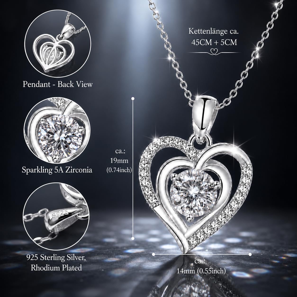 immobird Collier Argent 925 Femme Pendentif Coeur avec Pierre Natale 45+5CM