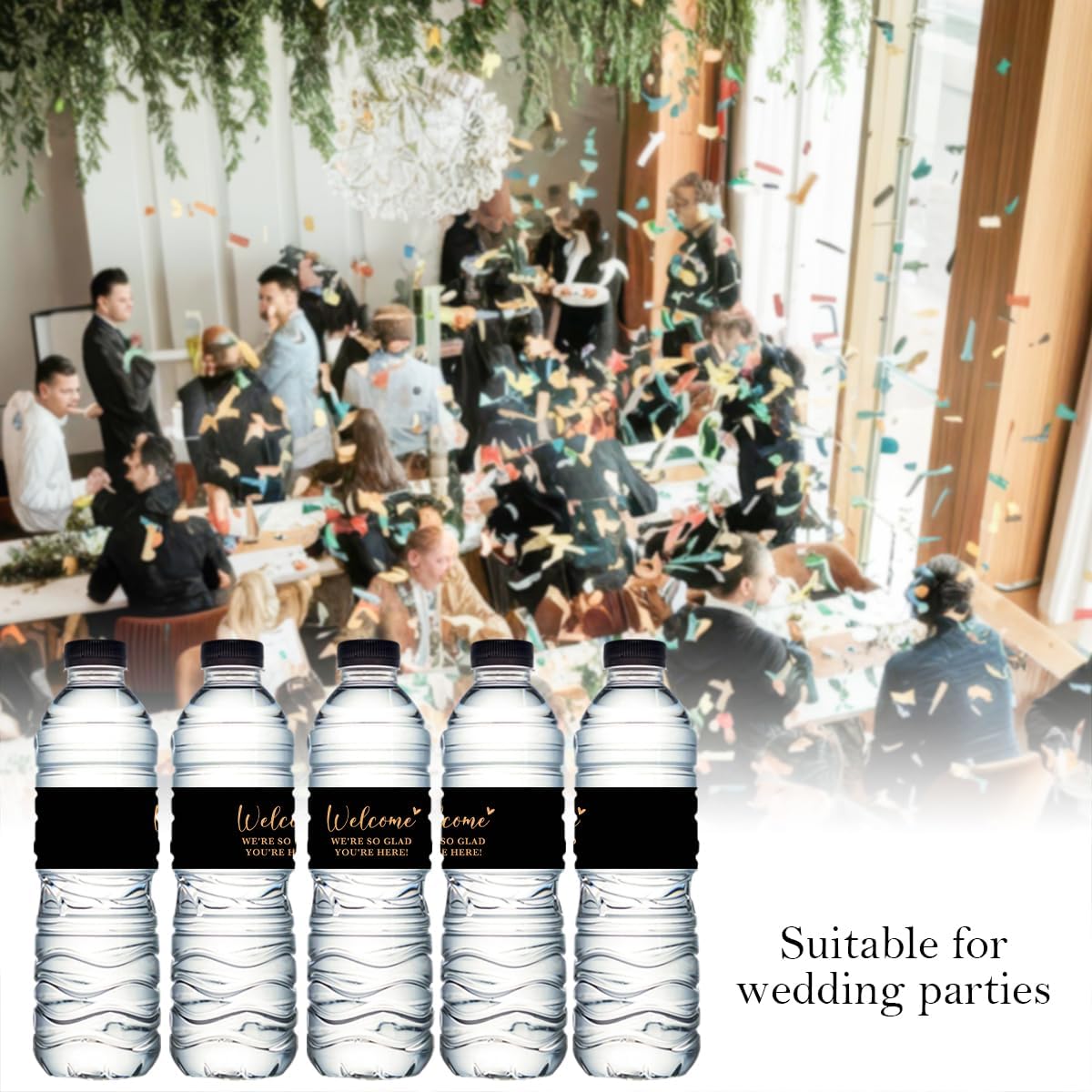100PCS Wedding Water Bottle Labels Waterproof Greenery Floral Wraps Sticker for Water Bottle Baby Shower Bottle Label for Bridal Shower Party Welcome（Black） image 3