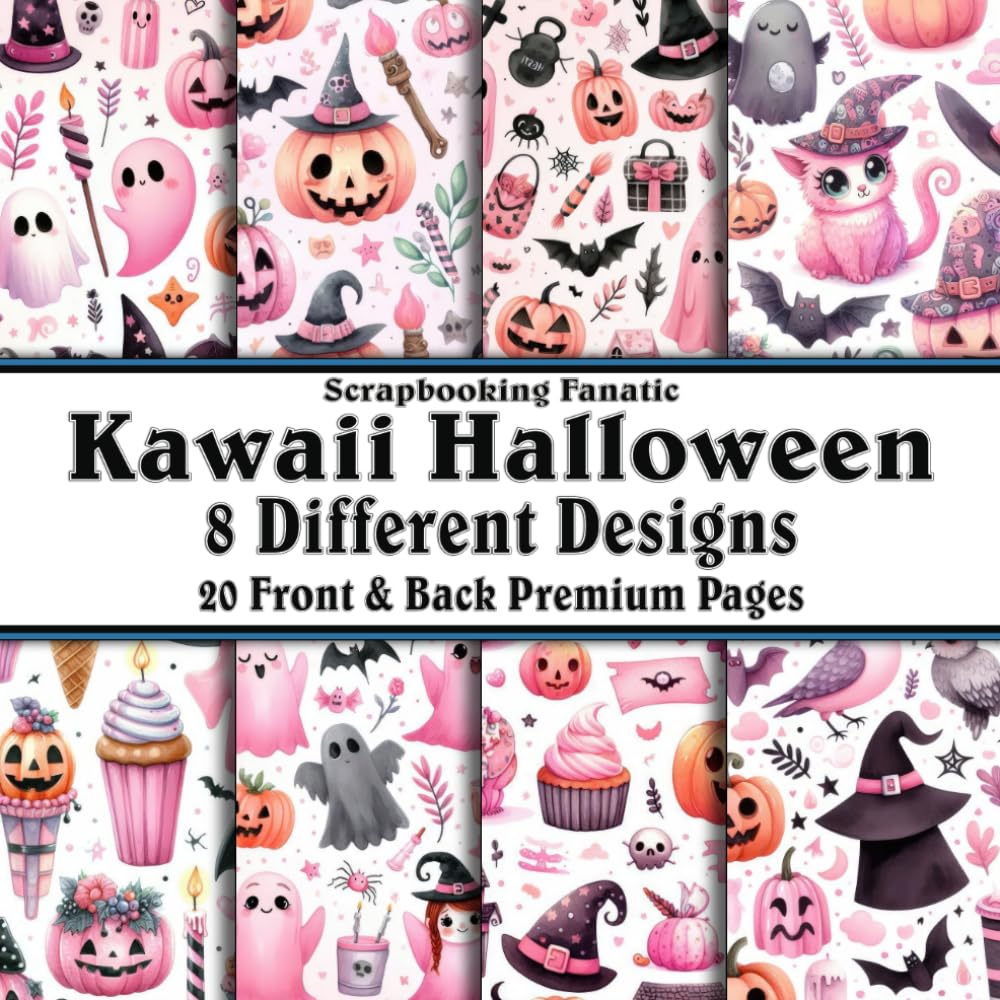 Scrapbook Paper - 20 Front and Back Premium Color Pages: Kawaii Cute Pink Halloween - 8.5"x8.5"