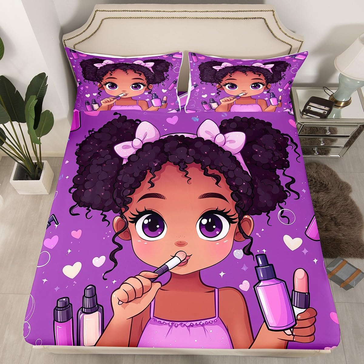 American Style Girl Fitted Sheet Full Size Universe Planets Galaxy Bedding Set 3Pcs(No Flat Sheet) Rock Music Earphone Bed Sheet for Girls Teens Room Decor Dreamy Nebula Deep Pocket Sheet