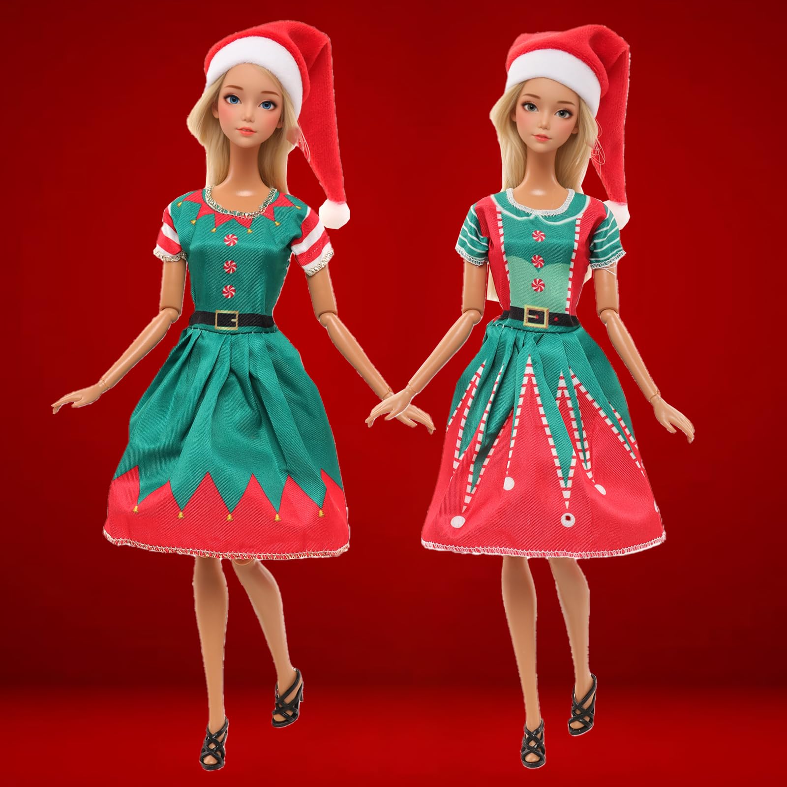 5 piezas de 11.5 pulgadas, vestido de Navidad para niña, incluye sombreros para decoración de casa y muñeca para Navidad, vestido rojo y verde para trajes de muñeca de 11.5 pulgadas 7