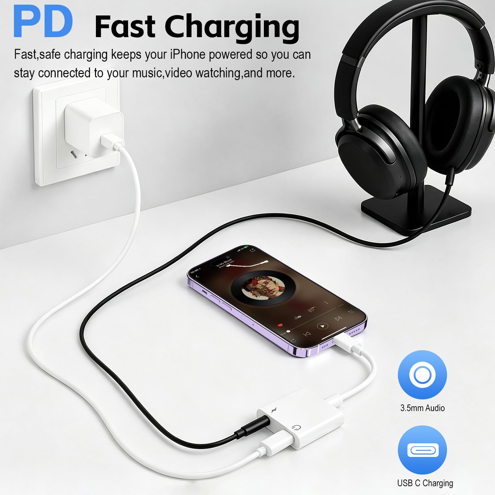 Adattatore da USB C a 3,5 mm per cuffie e caricabatterie, confezione da 2 cavi da tipo C a jack AUX con ricarica rapida PD
