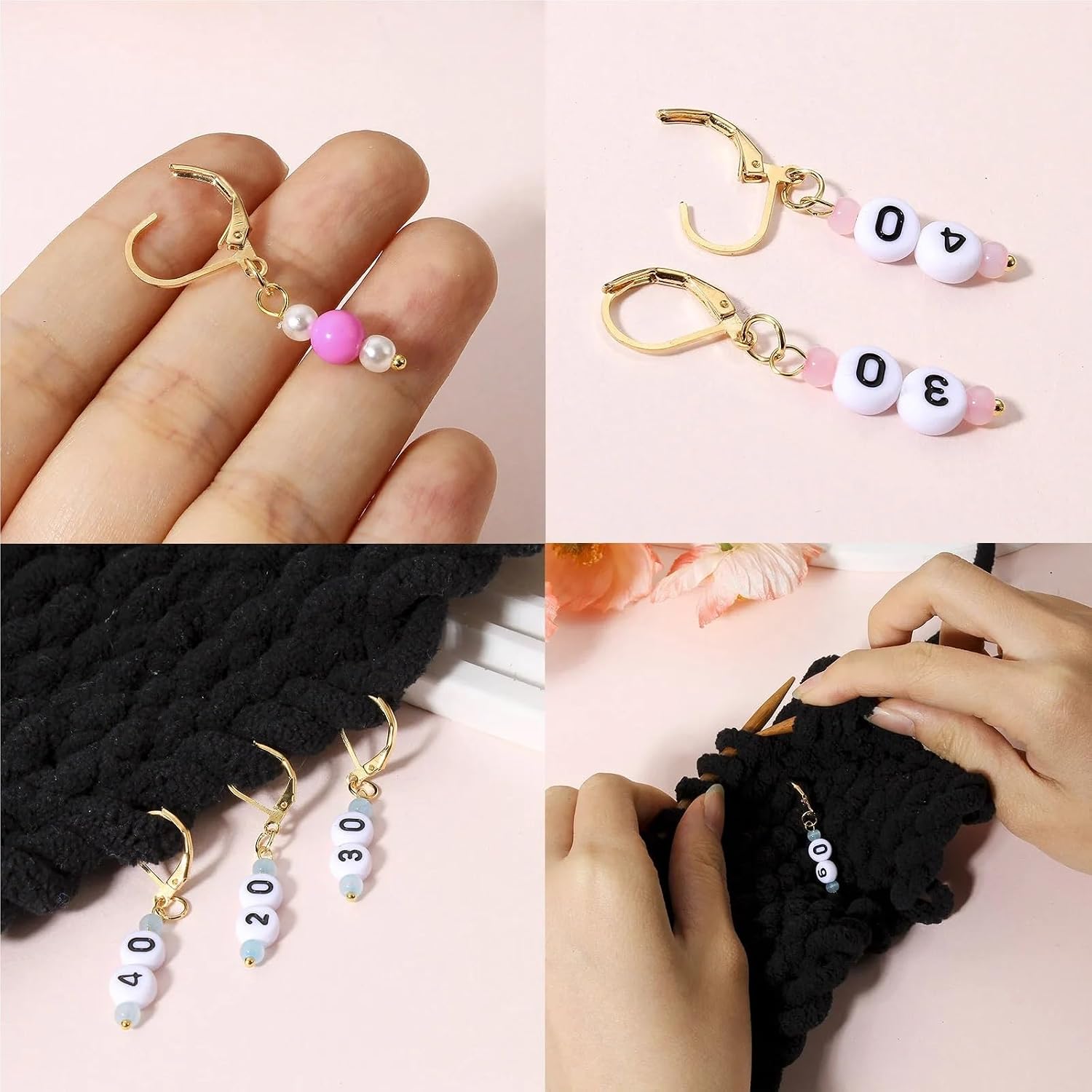 Stitch Markers 10 Set (9PCs/Set) Glass & Acrylic Knitting Stitch Markers Number 10-90 Gold Color Metal Crochet Latch for DIY Craft Marker Tools(Pink)