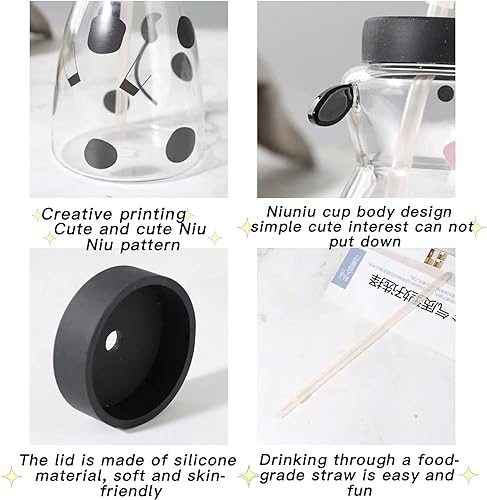 Miniatura 5 de Taza de vidrio de vaca de 22 onzas con popote y tapa, bonita jarra de vidrio de vaca, taza de café helado, taza de vidrio reutilizable, botella de