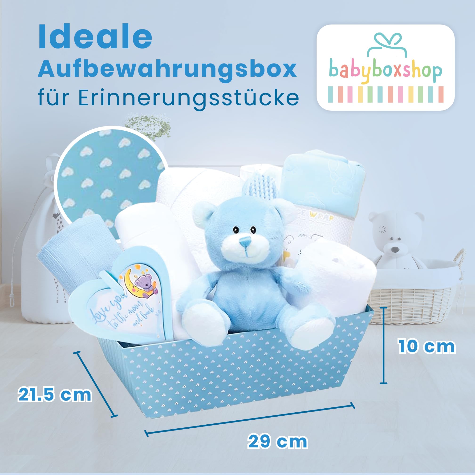 Baby Box Shop – 14 Babygeschenke zur Geburt Junge, ideal für Babypartys, Geschenke für Babypartys, mit neuen Baby-Essentials für Neugeborene Jungen und einem blauen Plüsch-Teddybären
