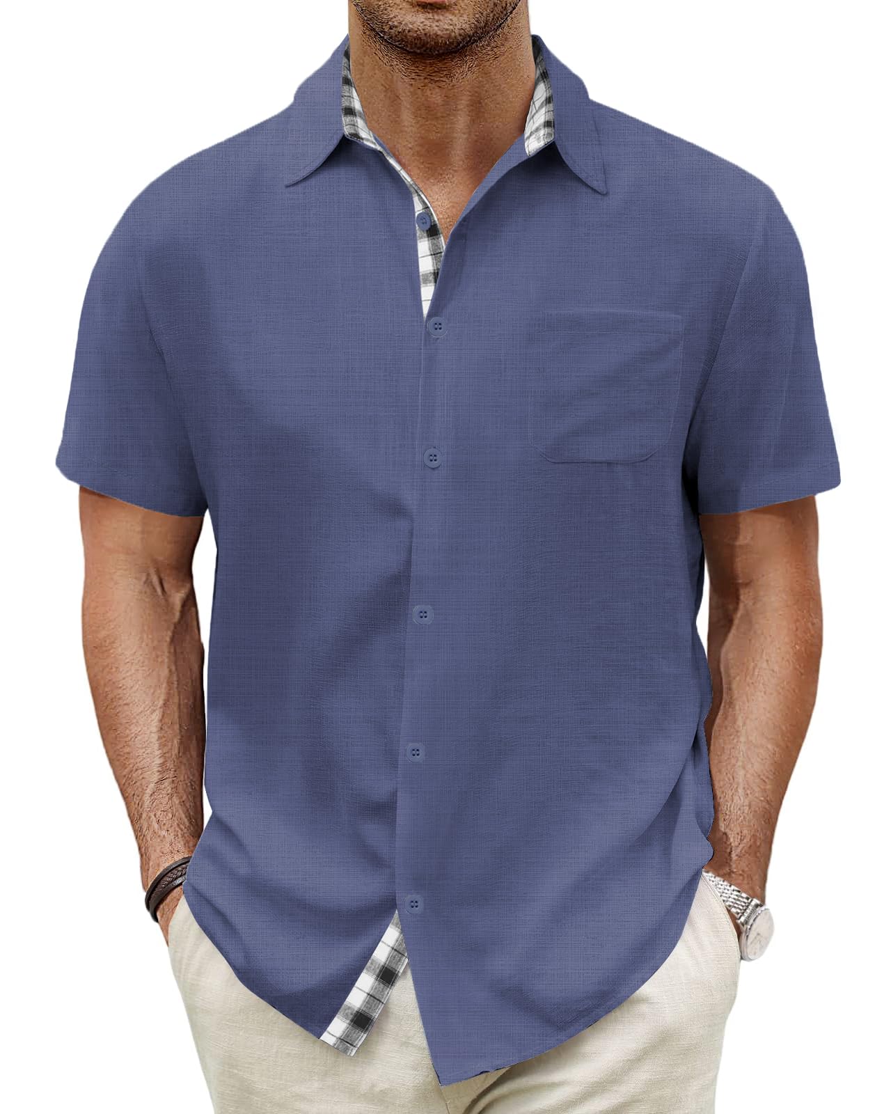 HMIYA Herren Kurzarm Hemd 100% Baumwolle Button Down Freizeithemden Sommer Strand Regular Fit Shirt,Mittelblau,2XL