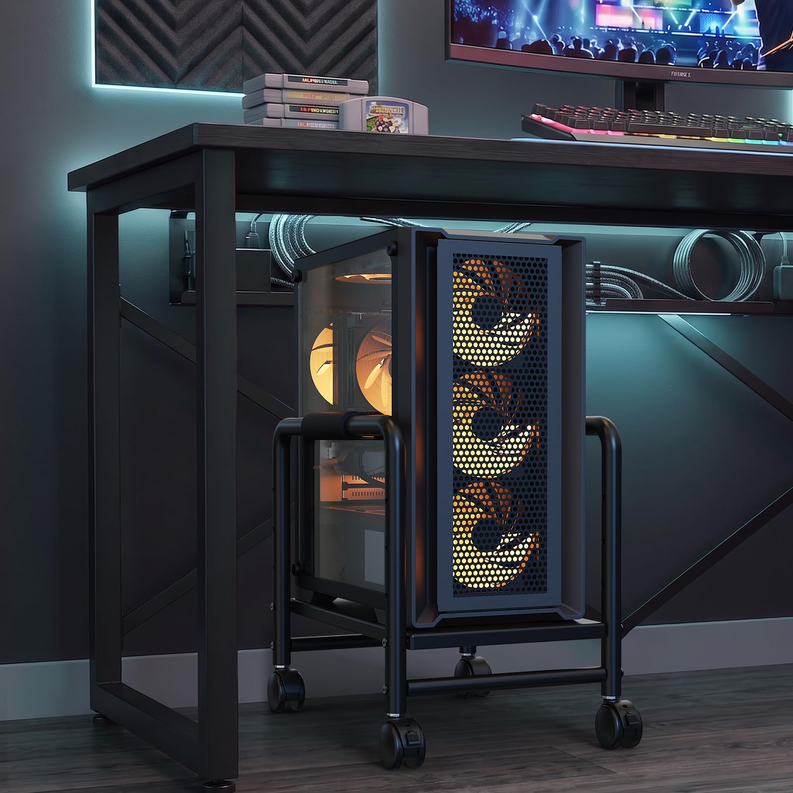 KEEGH Computer-Tower-Ständer unter dem Schreibtisch, höhenverstellbarer Computerwagen für Boden, robuster Stahlständer mit 360° feststellbaren Lenkrollen für PC, Drucker, Gaming-Zubehör, Schwarz