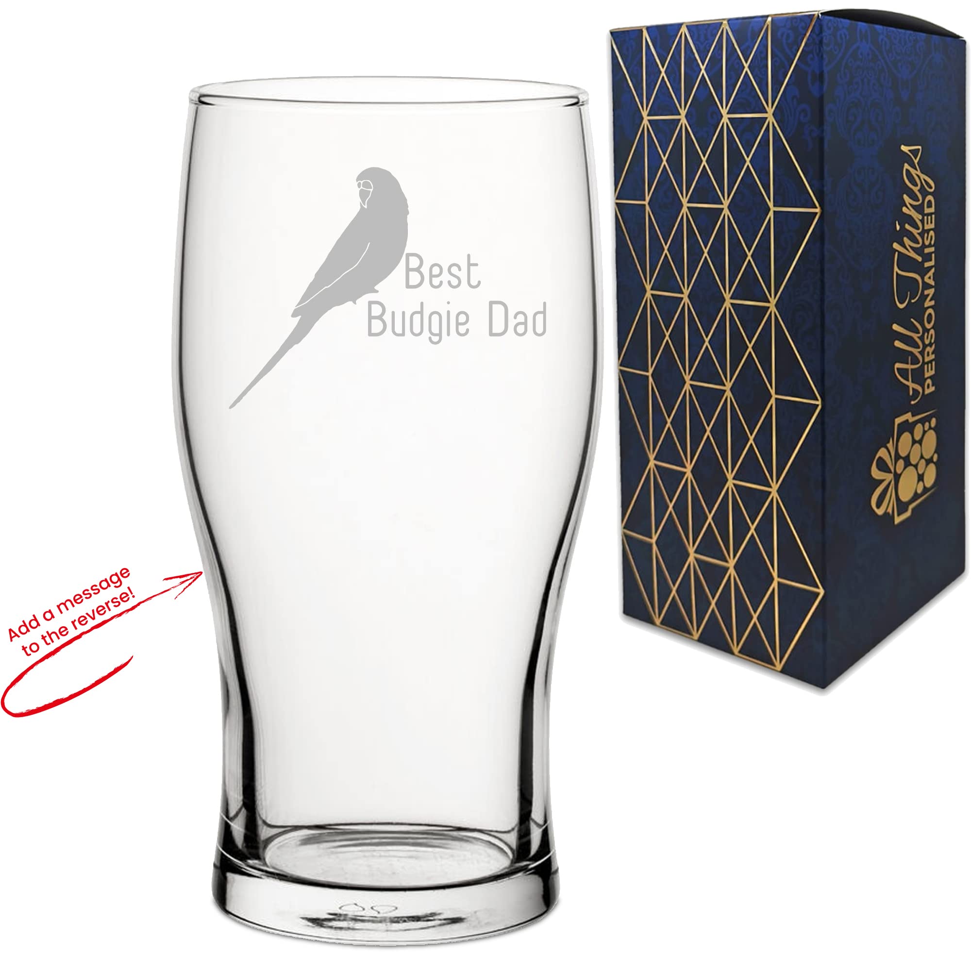 Personalised Engraved Novelty Pint Glass with Best Budgie Dad Design, Add a Personalised Message to The Reverse, Laser Engraved, Gift Box Included, Gift for Dad, Birthday Gift, Budgie Lover Gift