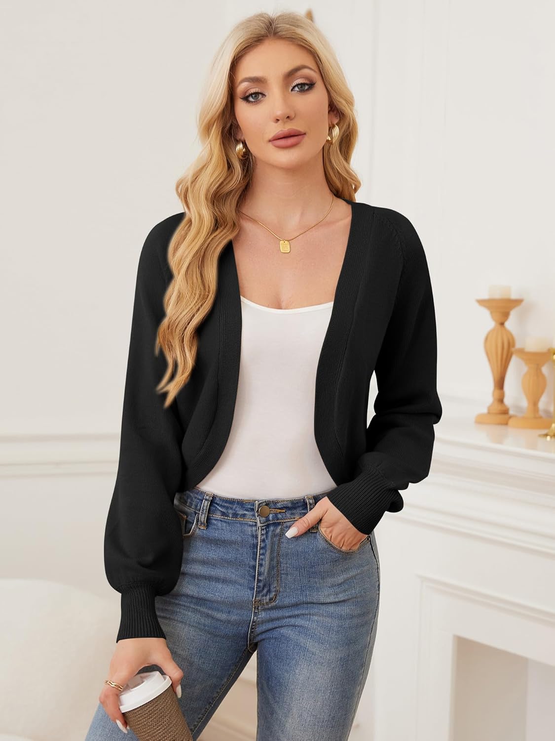 ZAFUL Women's Cropped Cardigan Sweaters Long Sleeve Open Front Short Bolero Shrugs Casual Knit Ribbed Sweater - Image 2