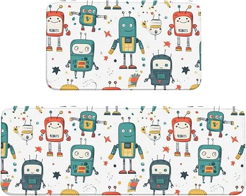 Antifatigue Kitchen Mats for Floor 2 Piece - Cute Colorful Robot Print Kitchen Rugs Washable, Non Slip Runner Rug Standing Mat for