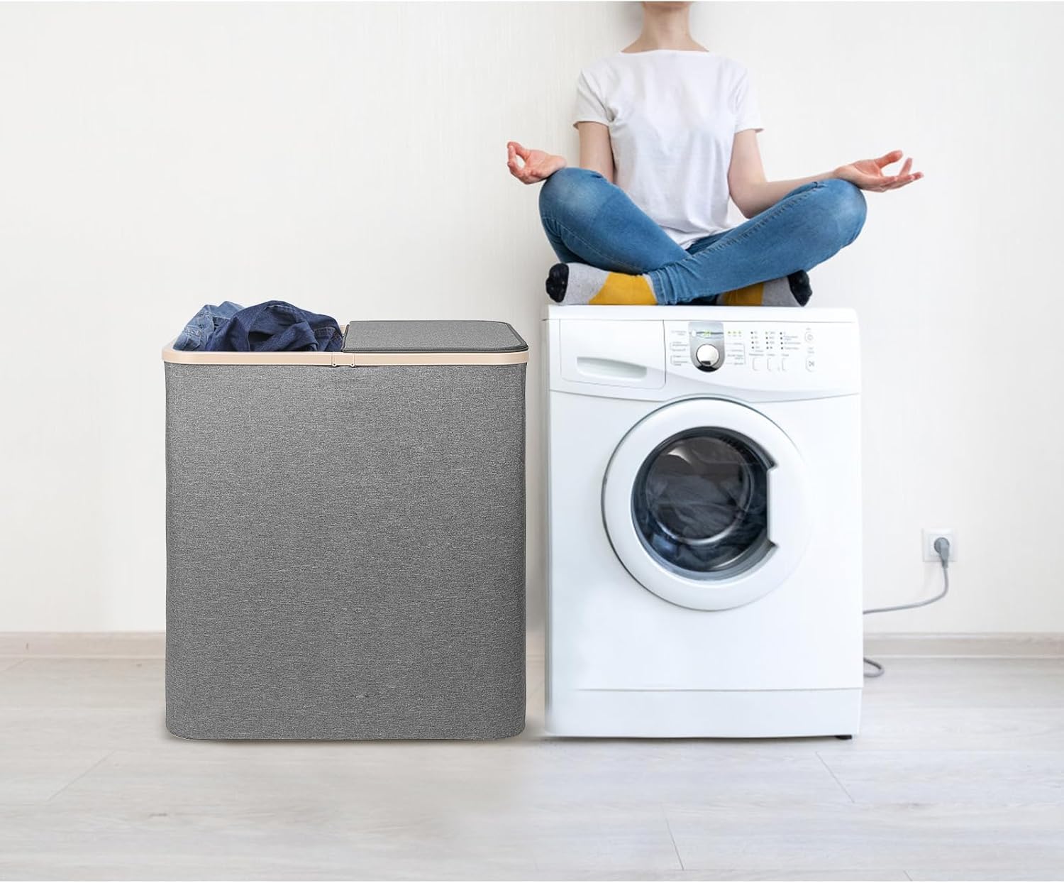 DOKEHOM 160L Double Laundry Basket with Removable Lid and Laundry Bags, Large Collapsible Laundry Hamper with 2 Sections (Dark Grey)