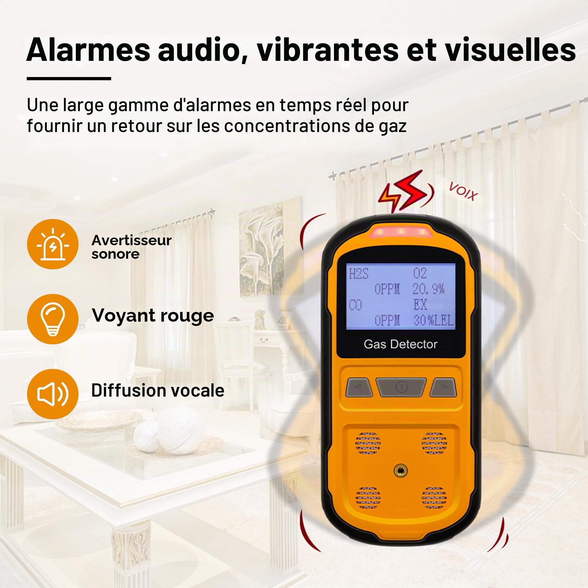 Détecteur de Fuite de gaz pour H2S CO O2 et LEL, détecteur de gaz Portable avec alarmes audibles, visuelles et vibrantes, Moniteur de gaz Portable 4 en 1, écran LCD numérique (Orange)