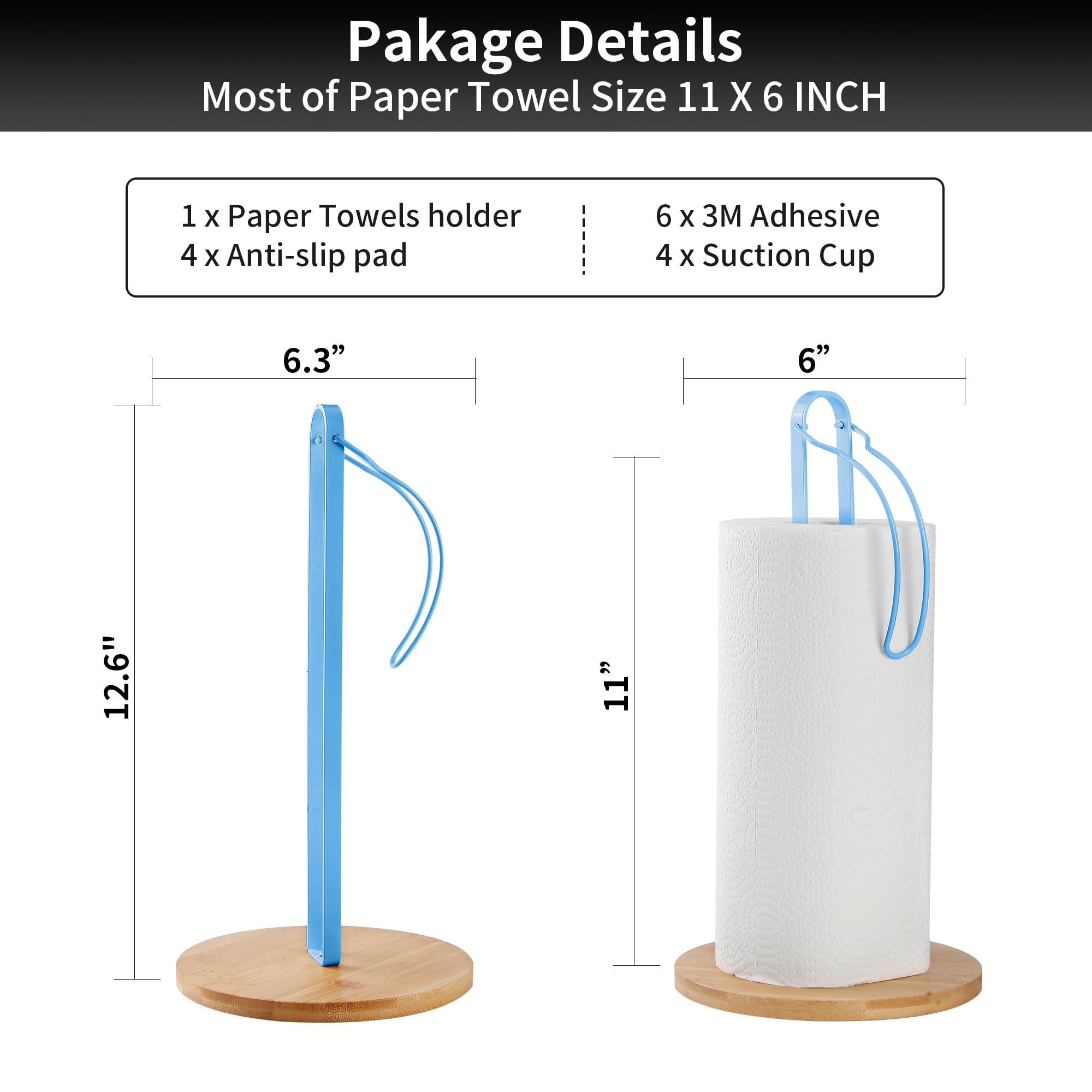 TONLEA Wood Paper Towel Holder with Fixer, Paper Towel Holder Countertop, Kitchen Towel Holder Free-Standing with Fixed or Non-Slip Wooden Base-Blue