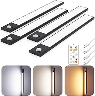 12" Under Cabinet Lighting Wireless, Remote, Motion Sensor, 4Pack, Black | 0.33" Ultra-thin Aluminum Alloy Body, USB-C Rechargeable, 3-Color-Temp, Dimming, Magnetic, 30Day Runtime for Kitchen Closet