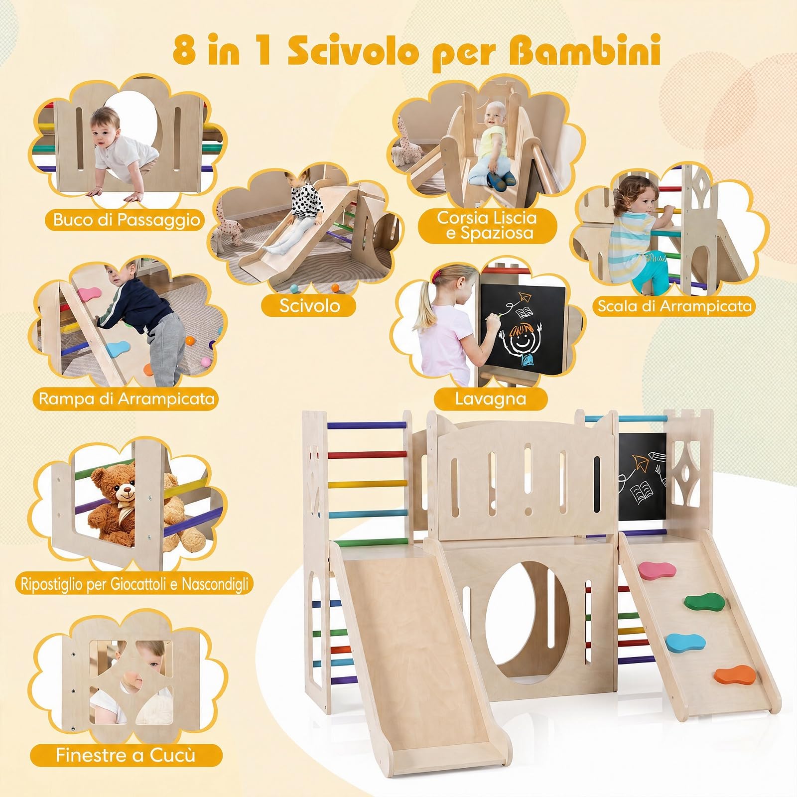 COSTWAY 8 in 1 Scivolo per Bambini, Parco Giochi in Legno (Colorato)