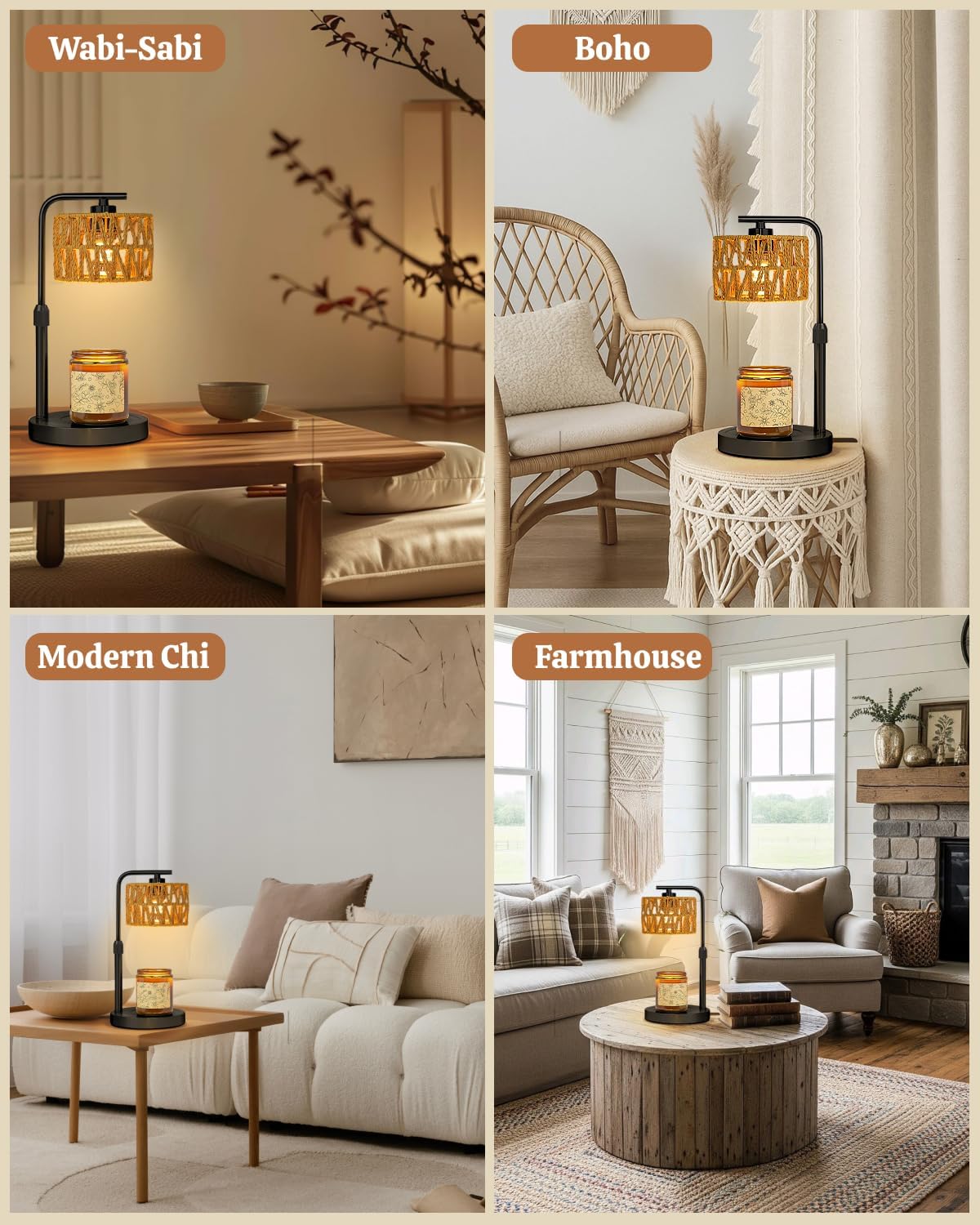 Candle Warmer Lamp, Timer Dimmable Candle Lamp, Adjustable Height and Brightness Candle Warmer, Boho Rattan Lampshade and 2 Bulbs, Suitable for Home Decor, Birthday Gifts for Women Mom (Black)