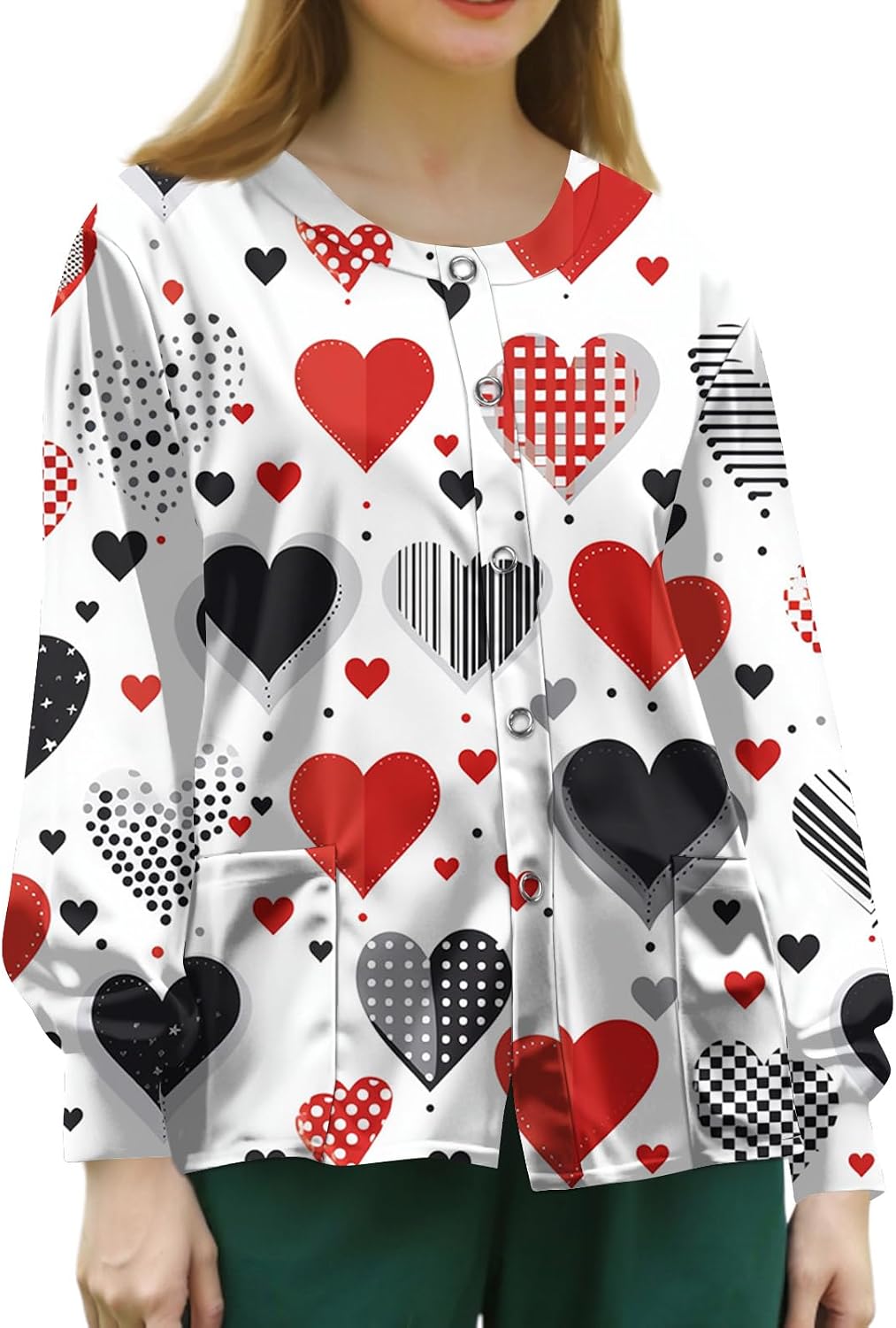 Scrub Jackets for Woman Valentines Scrub Tops Heart Print Nurse Shirts Plus Size Snap Front Long Sleeve Work Shirt