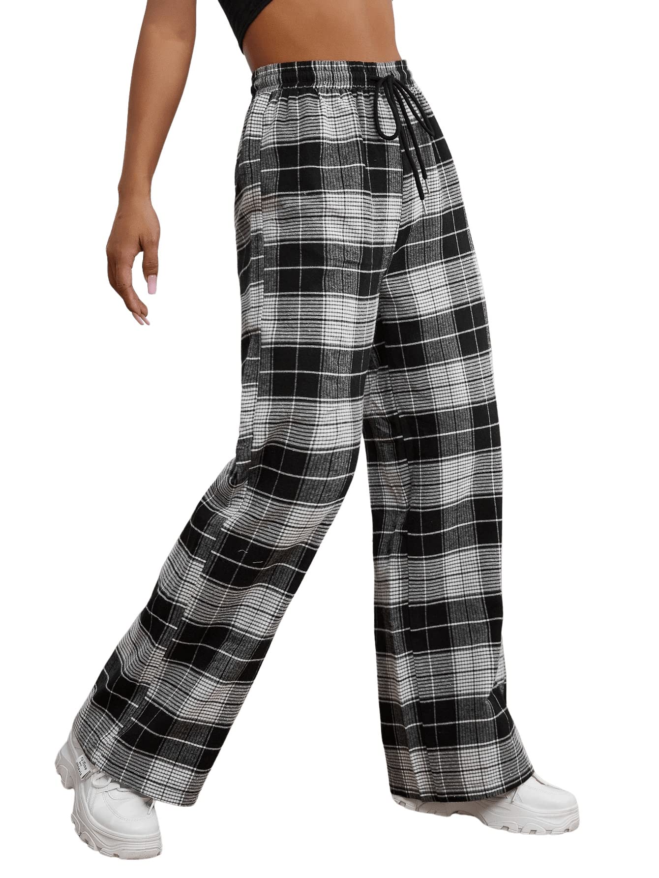 Womens High Waist Plaid Knot Front Tie Front Pockets Pants