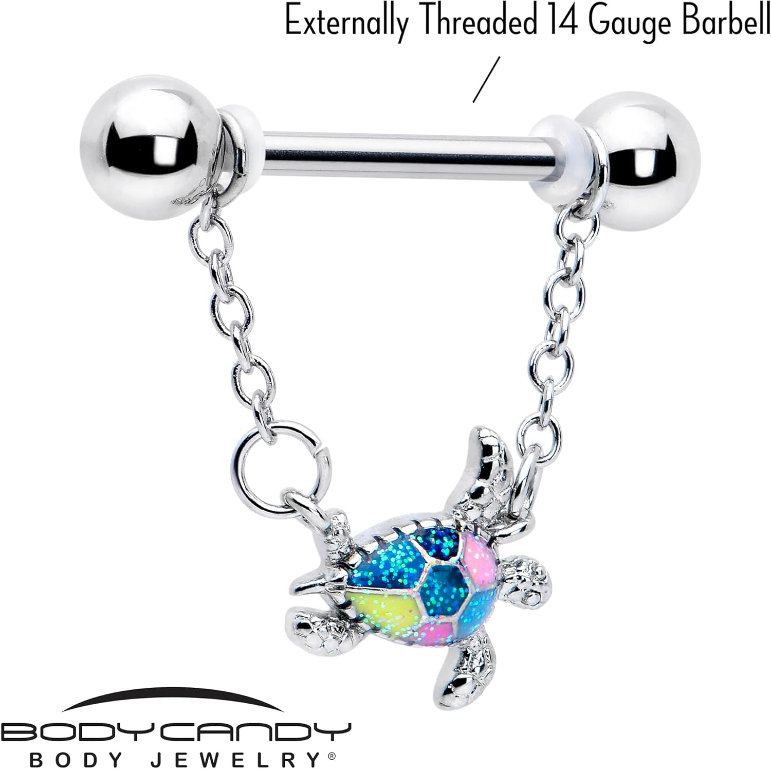 Body Candy 14G Womens Nipplerings Piercing 316L Stainless Steel 2Pc Glitter Turtle Sea Turtle Dangle Nipple Ring Set 9/16