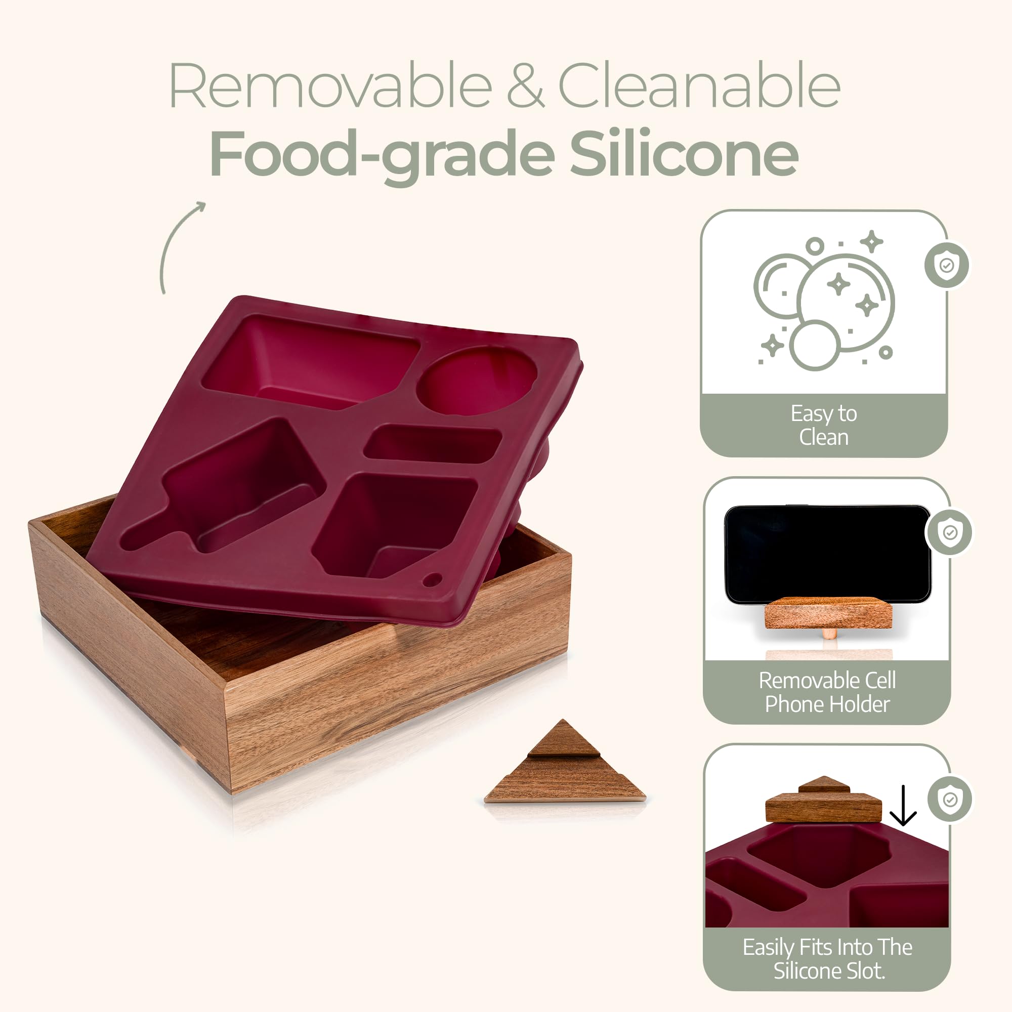 Bandeja para portavasos de sofá, versátil organizador de silicona de acacia con soporte ajustable para teléfono para cama, coche y sofá, soporte impermeable antiderrames para bebidas, aperitivos y