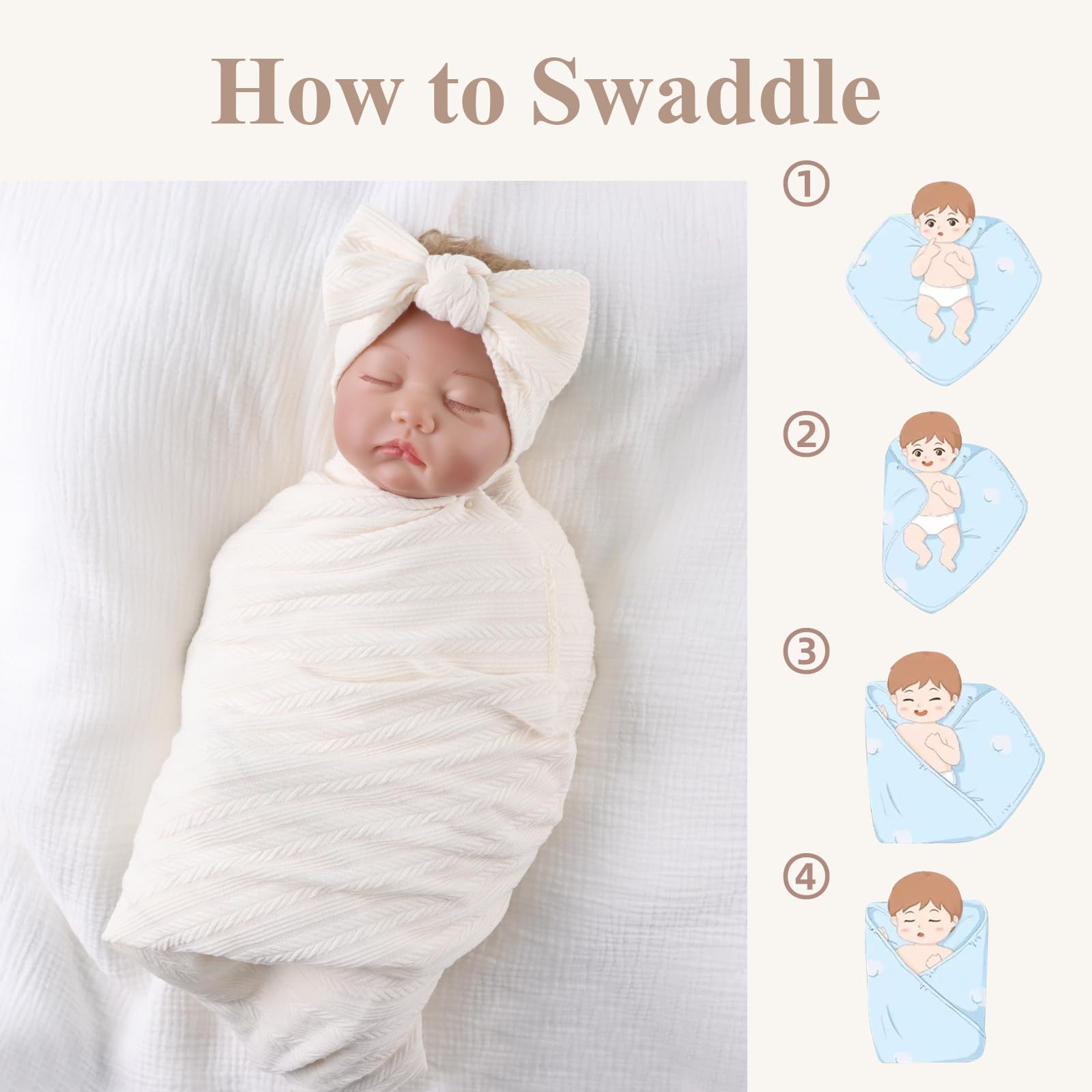 MniJiza Newborn Swaddle Blanket Baby Girls Receiving Blankets with Headband Beanie Hat Set Soft Nursery Swaddle Wrap (Beige) - Image 4