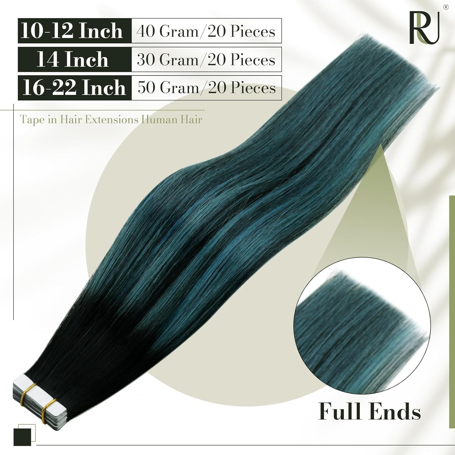 RUNATURE 14 Inch Tape in Hair Extensions Human Hair Black Ombre Teal Tape Hair Extensions Real Human Hair Invisible Tapes Teal Hair 40 Gram - Image 3