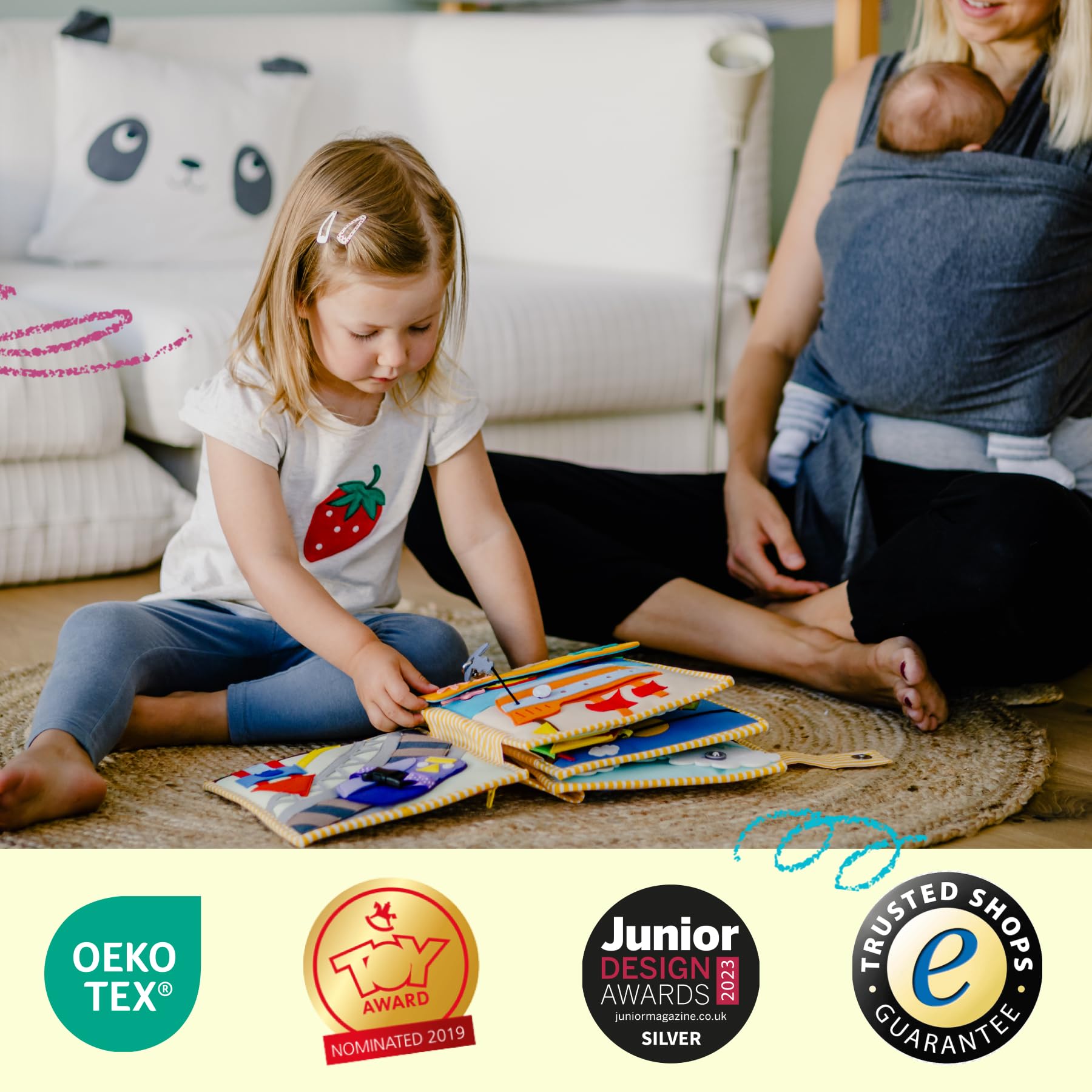 Jolly Designs – Globetrotter - 6 Seiten Quiet Book – Montessori Spielzeug ab 2 Jahren – Motorik & Sensorik fördern – Handgefertigtes Filzbuch – Lernspielzeug für Kleinkinder – Busy Book für unterwegs