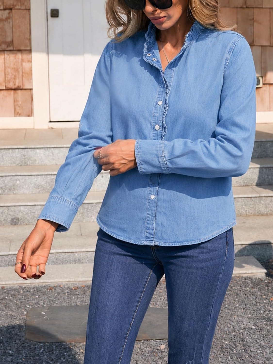 Kedera Womens Denim Shirt Button Down Long Sleeve Ruffled Edge Trendy Jean Blouses Tops Shackets